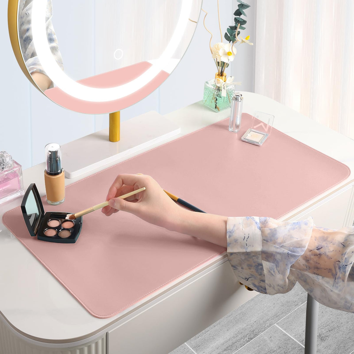 Makeup Mat for Vanity to Protect Desk Top, 31.5x15.7in, Pink and Silver