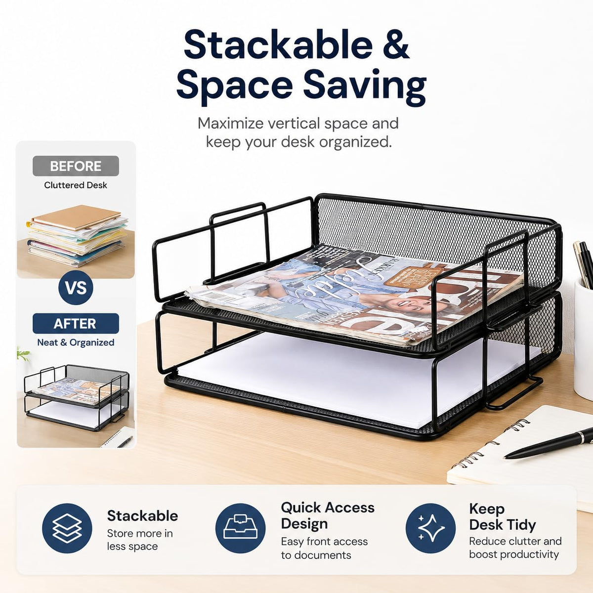 Exerz Letter Trays Stackable Paper Sorter/Desk Organiser/File Tray for Desk - Wire Mesh Metal File