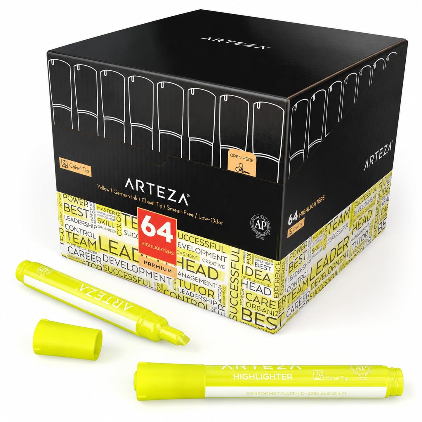ARTEZA Yellow Highlighters in Bulk, Pack of 64, Chisel Tip Markers