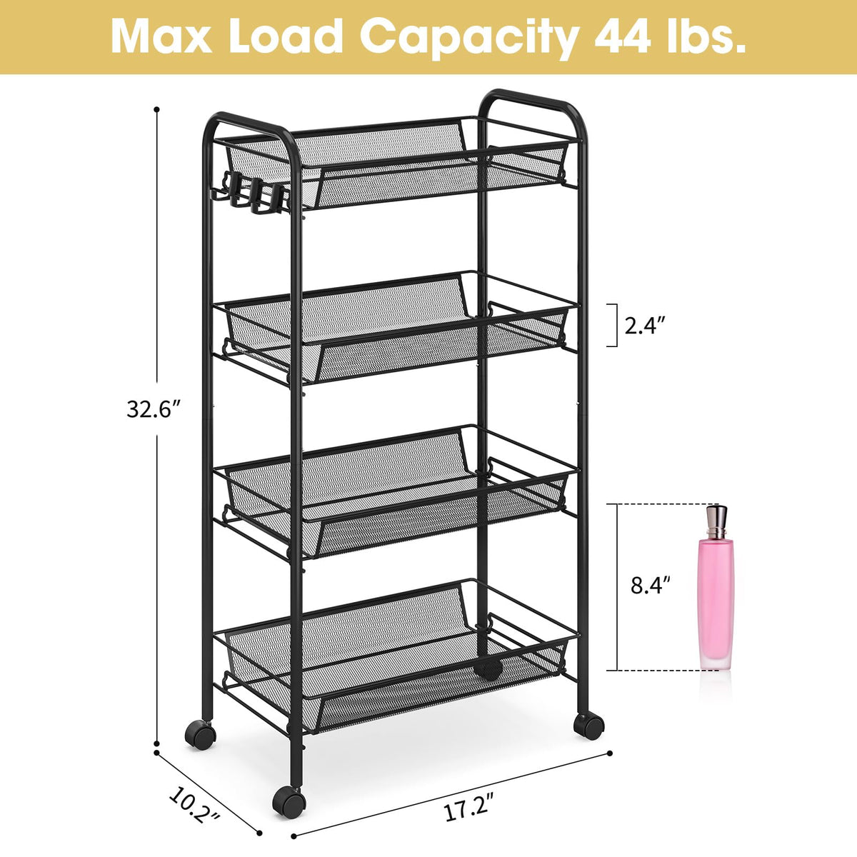 TOOLF 4-Tier Rolling Cart, Metal Utility Cart with 3 Hooks, Easy Assemble Mobile Storage Trolley On