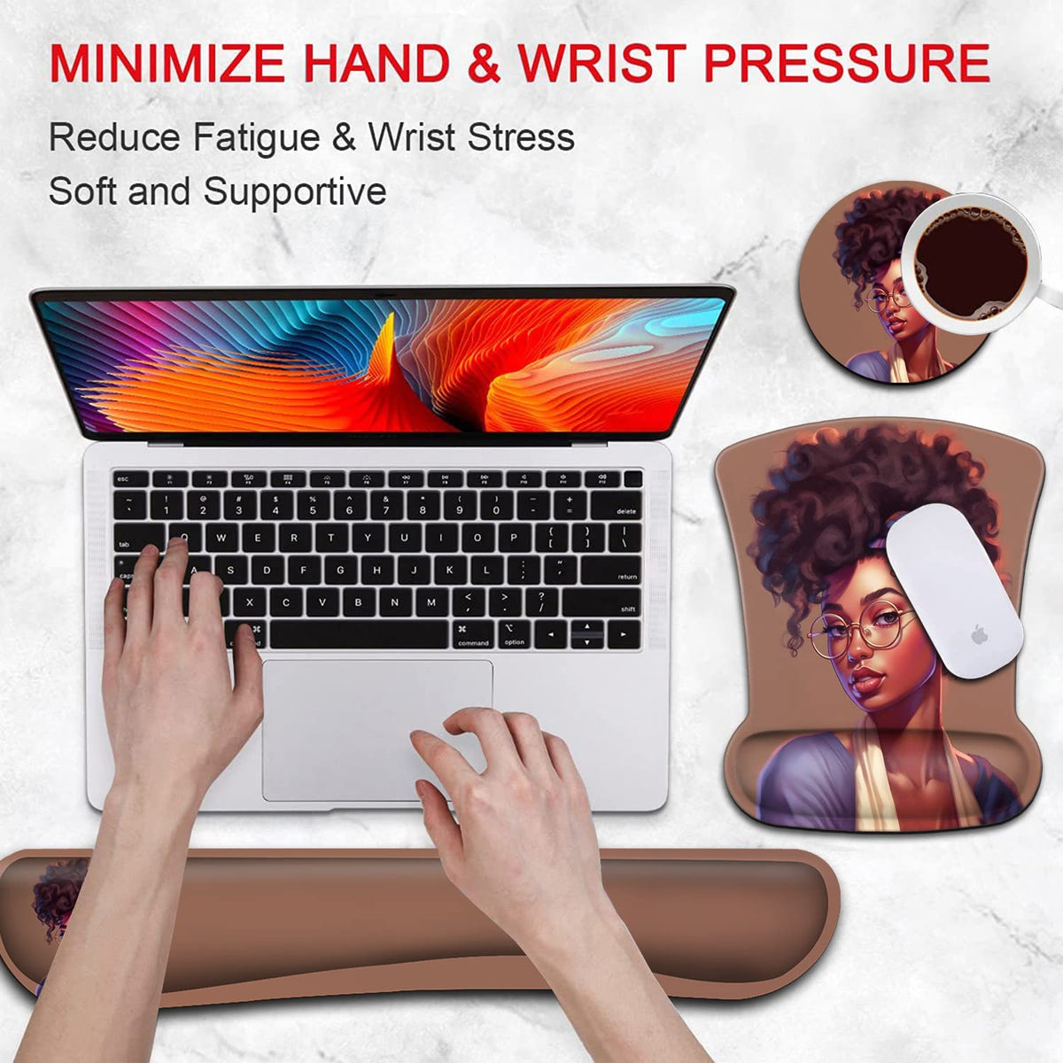 Ergonomic Mouse Pad Wrist Support Gel and Keyboard Wrist Rest Set American Women African Black