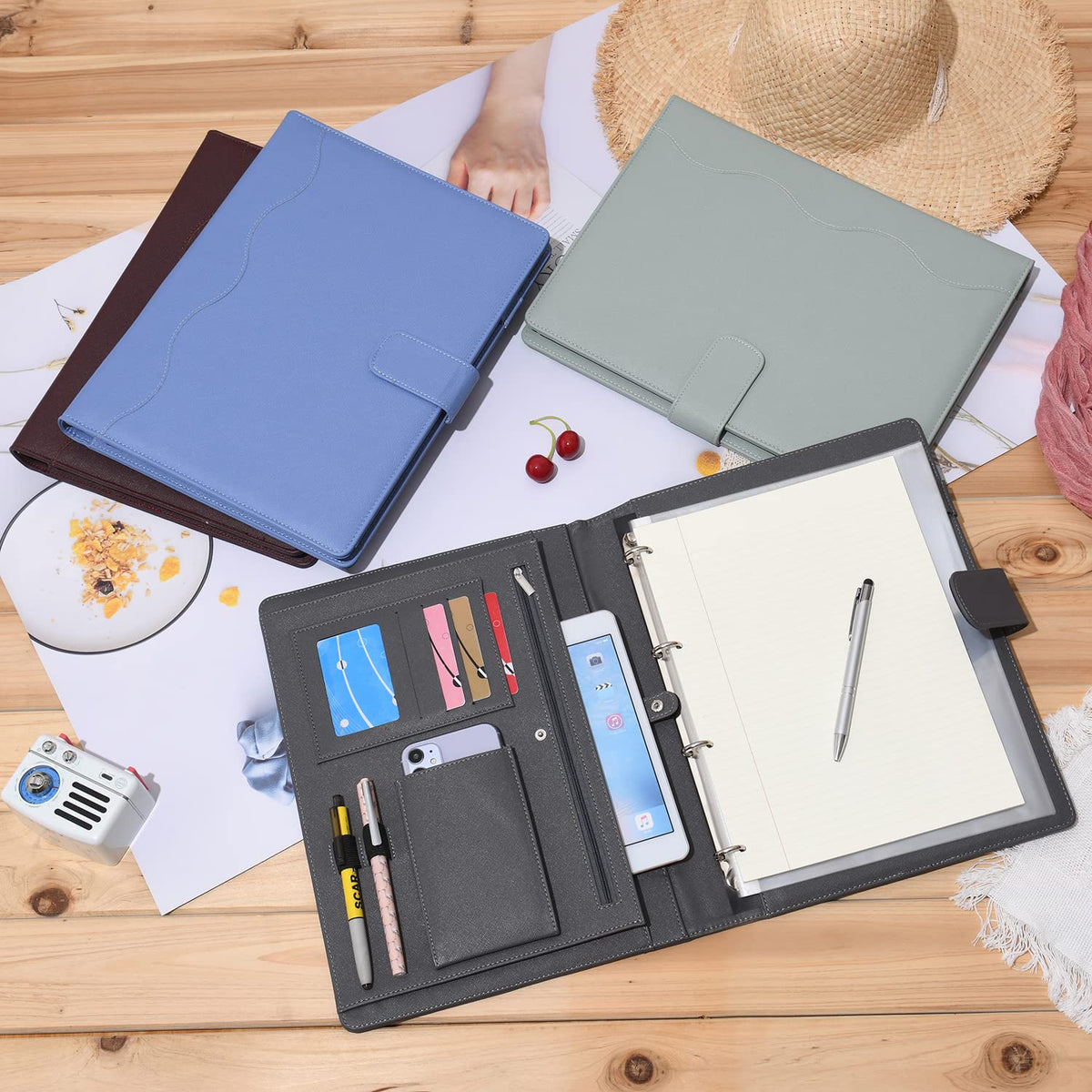 Wonderpool A4 PU Leather 3 & 4 Ring Holder Writing Portfolio Multi Document Case with Removable