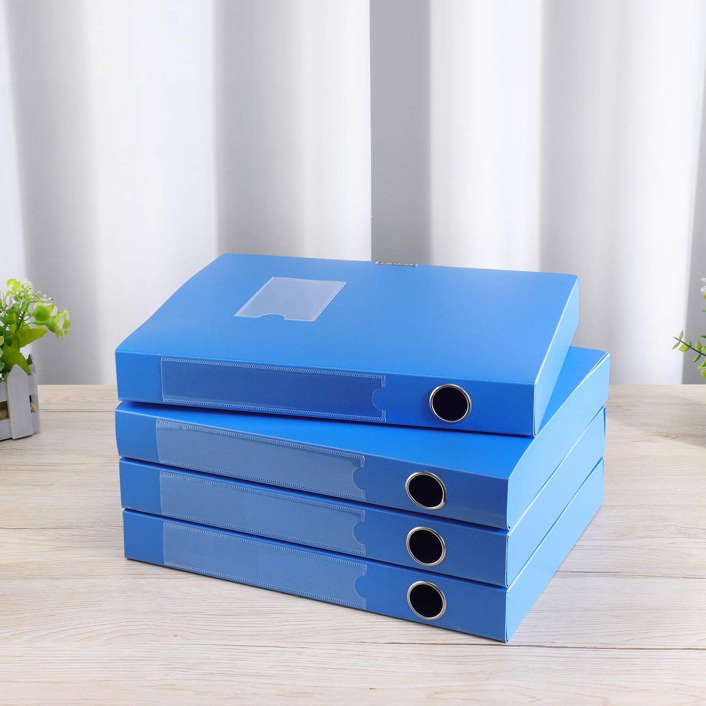 HUA JIE 4 Pack A4 Storage File Boxes Plastic Archives Cases with Lid,Blue