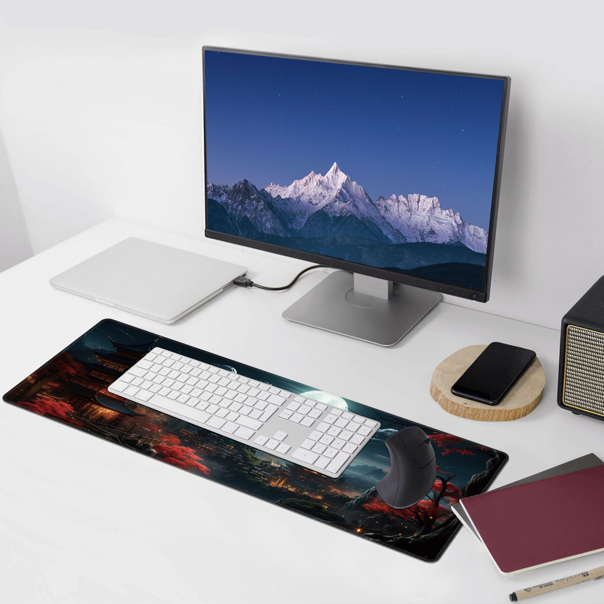 Japanese Full Moon Large Mouse Pad,Gaming Keyboard Desk Pad,Extended Mouse Mat Non-Slip Rubber Base