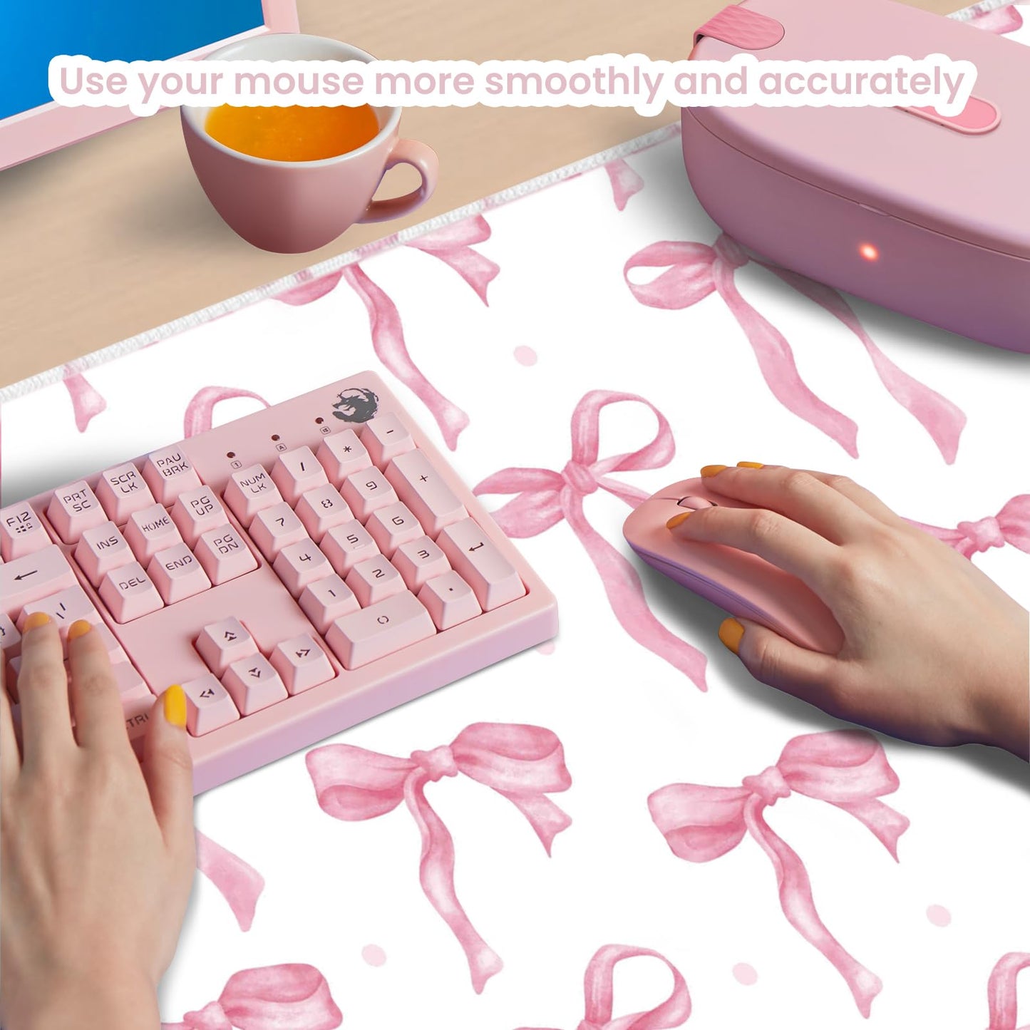 Pink Desk Mat, Bows Mouse Pad Computer Mat Desk Accessories 35.4 x 15.7in