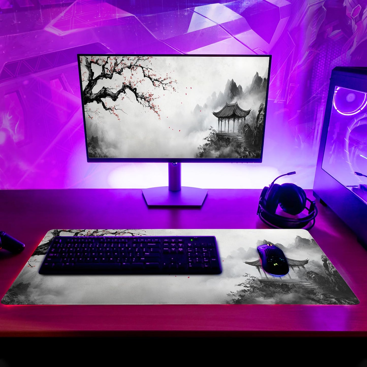 Watercolor Cherry Blossom Mouse Pad 31.5x11.8 Inch Full Desk Japanese Mousepad Large Non-Slip
