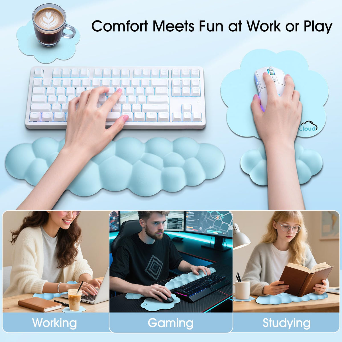 Retuhapy Cloud Wrist Rest Keyboard Cushion and Cloud Mouse Pad, Blue