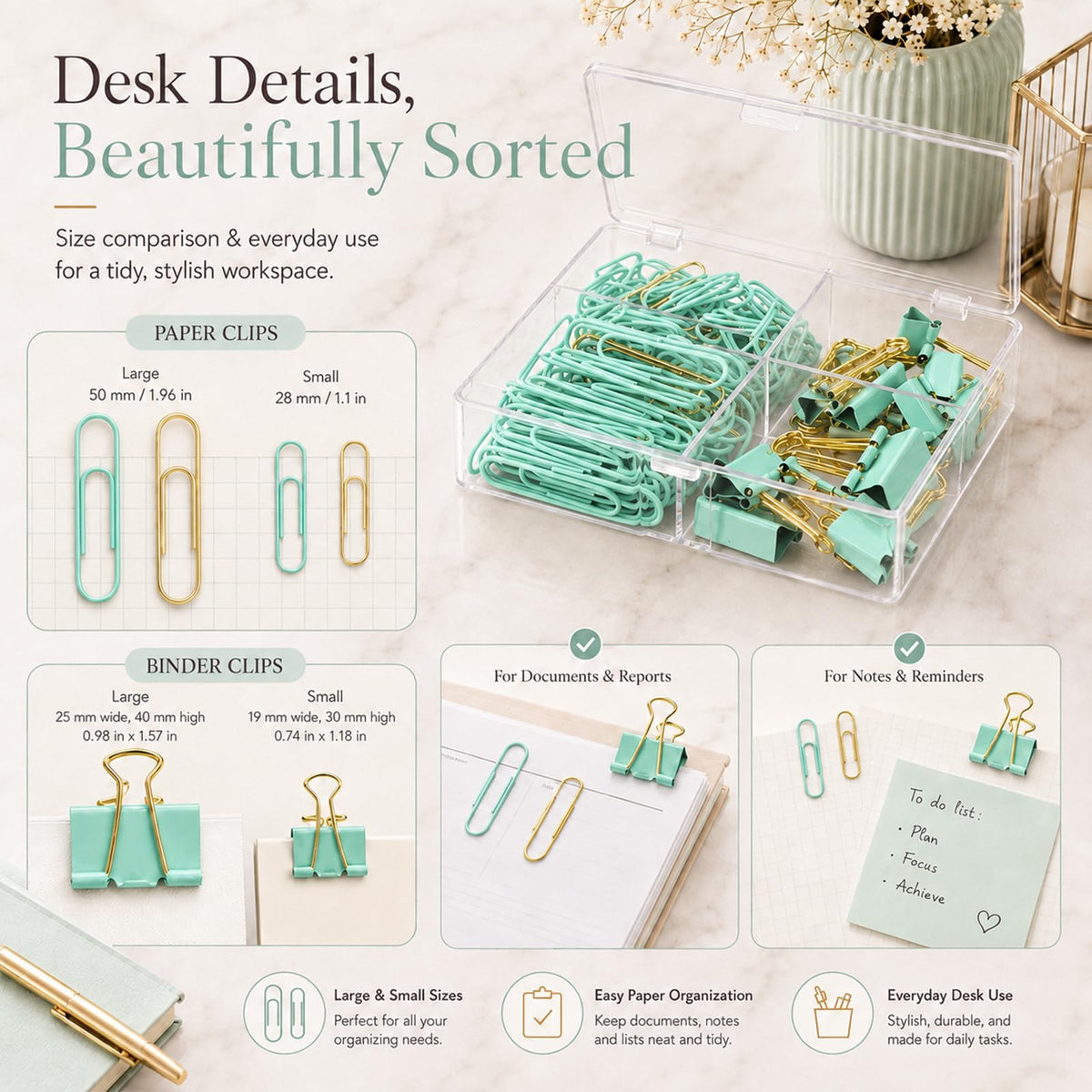 Creechwa Paper Clips and Binder Clips Set, Green & Gold, Assorted Size Clips