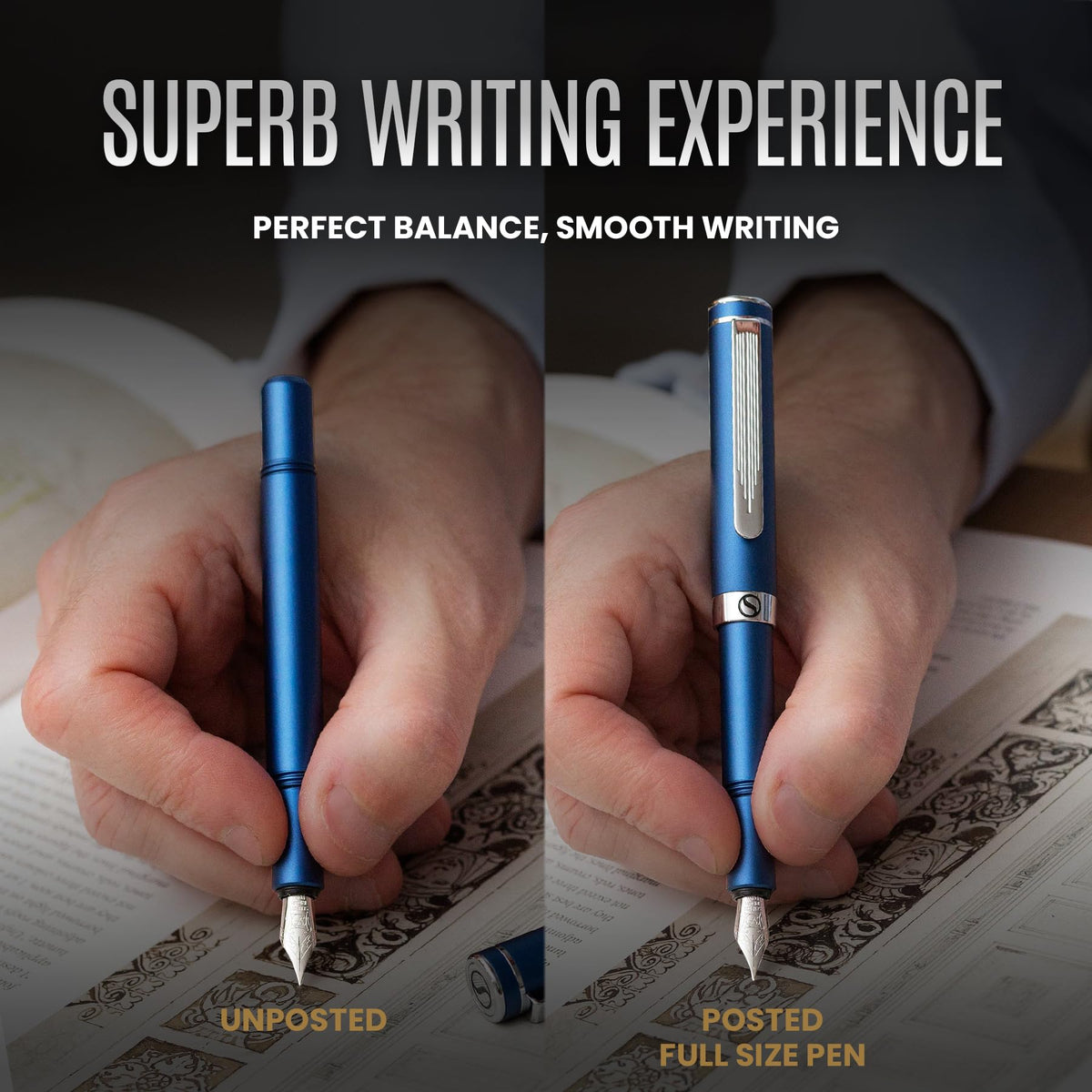 Scriveiner Luxury EDC Fountain Pen (Fine), Stunning Matt Blue Pocket Pen, Chrome Finish, Schmidt
