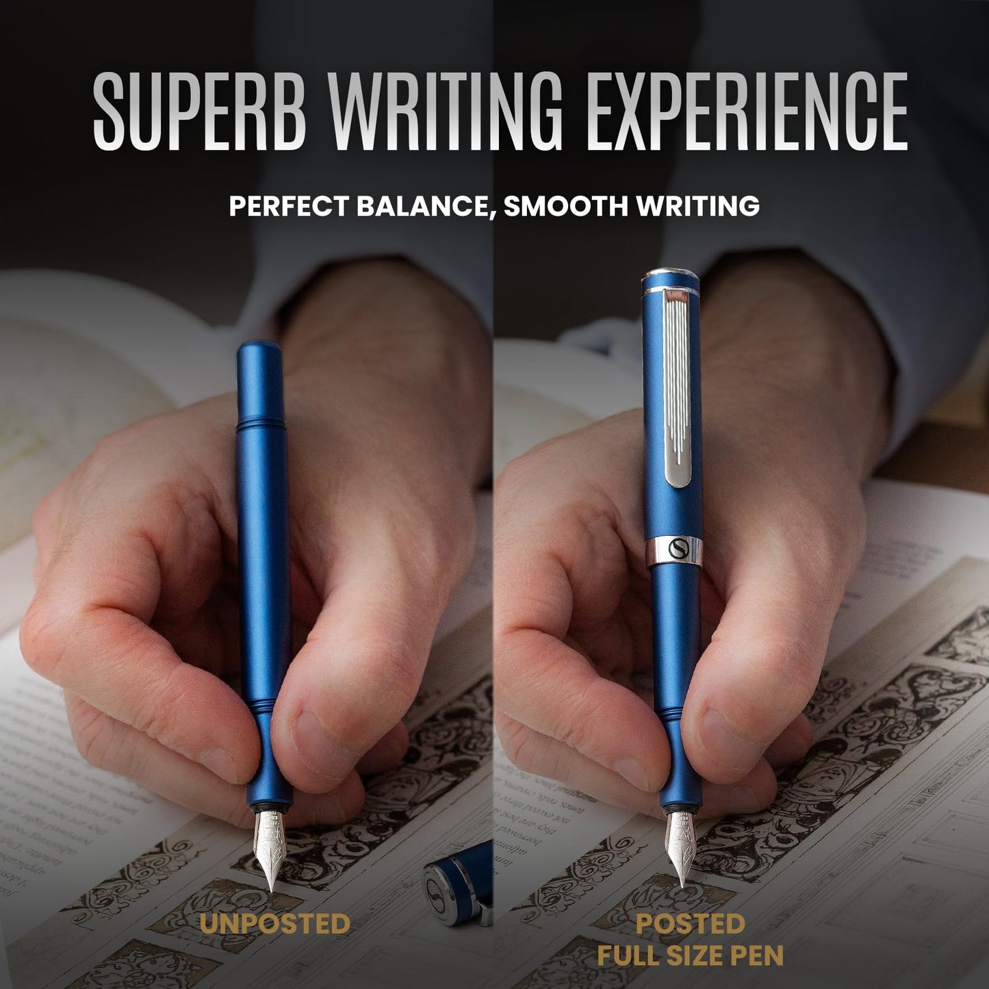 Scriveiner Luxury EDC Fountain Pen (Medium), Stunning Matt Blue Pocket Pen, Chrome Finish, Schmidt