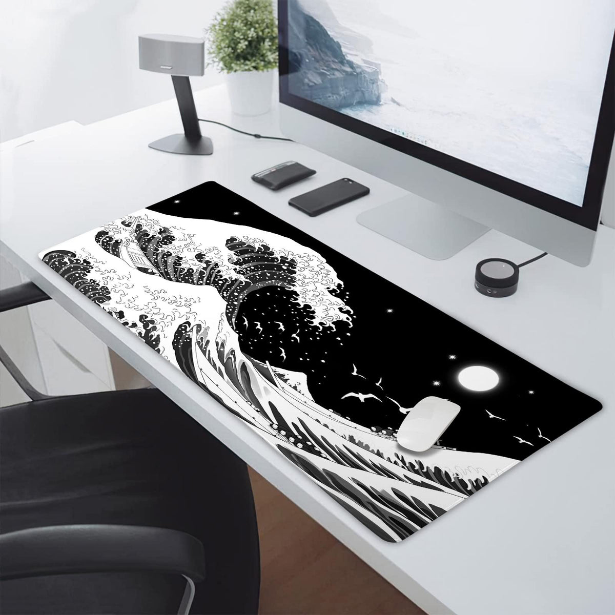 Japanese Wave Mouse Pad XXL Black White Sea Aesthetic Moon Extended Desk Mat 90X40 CM Non-Slip