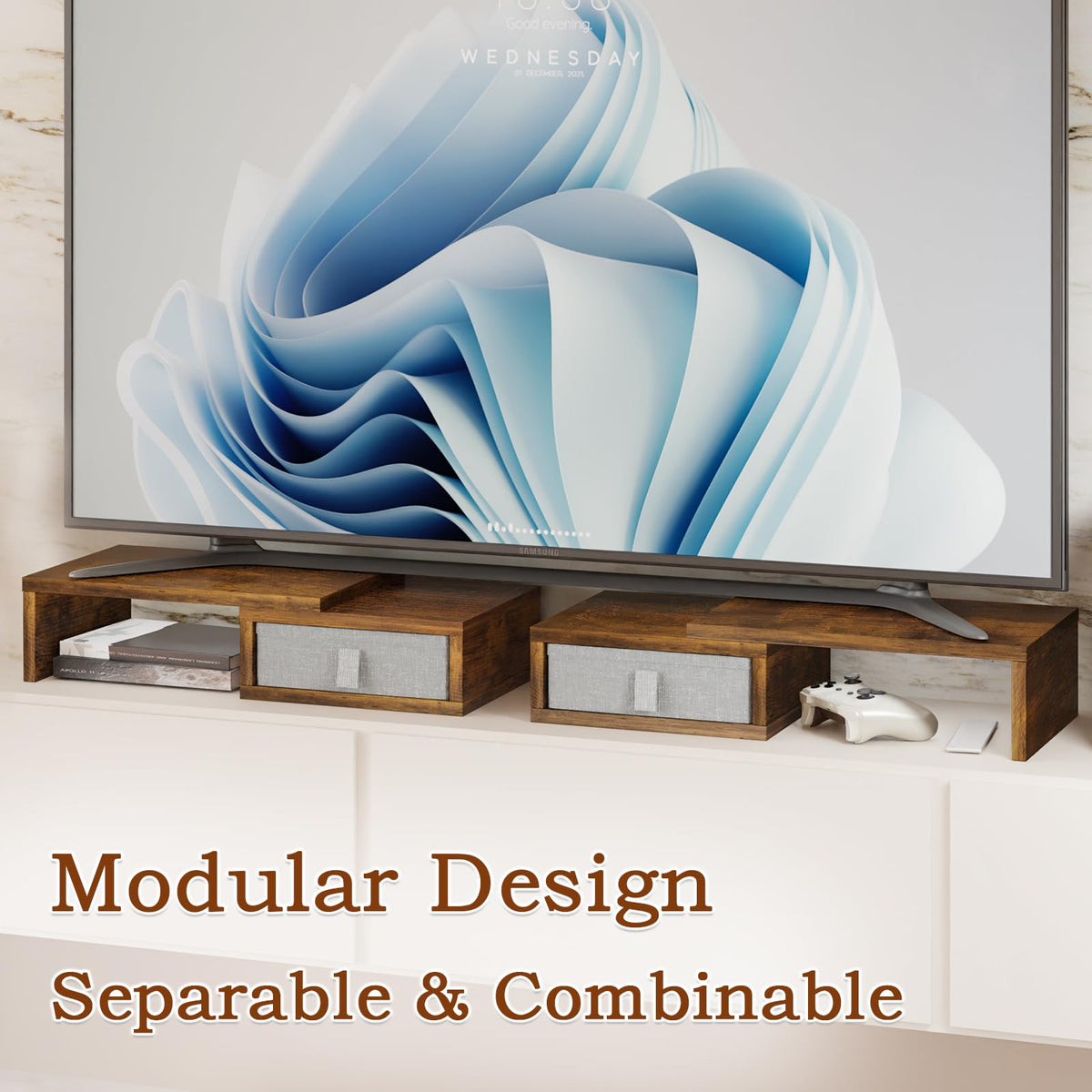 TEAMIX Dual Monitor Stand Riser - Length and Angle Adjustable White Monitor Stand with 2 Drawers to