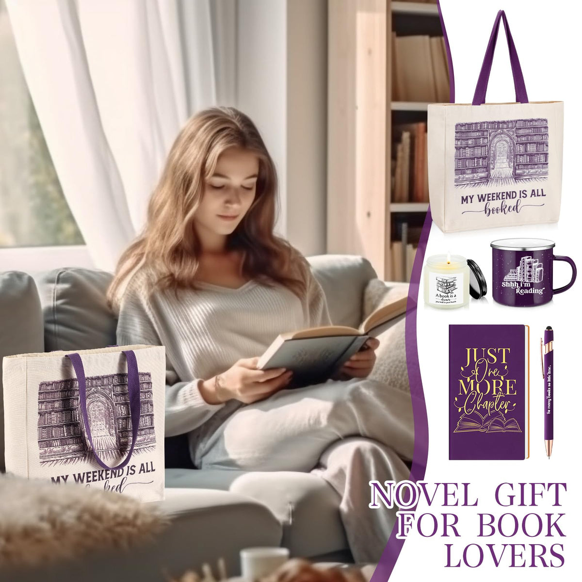 Jetec 5 Piece Book Lovers Set, Canvas Tote Bag Notebook, Candle, Purple