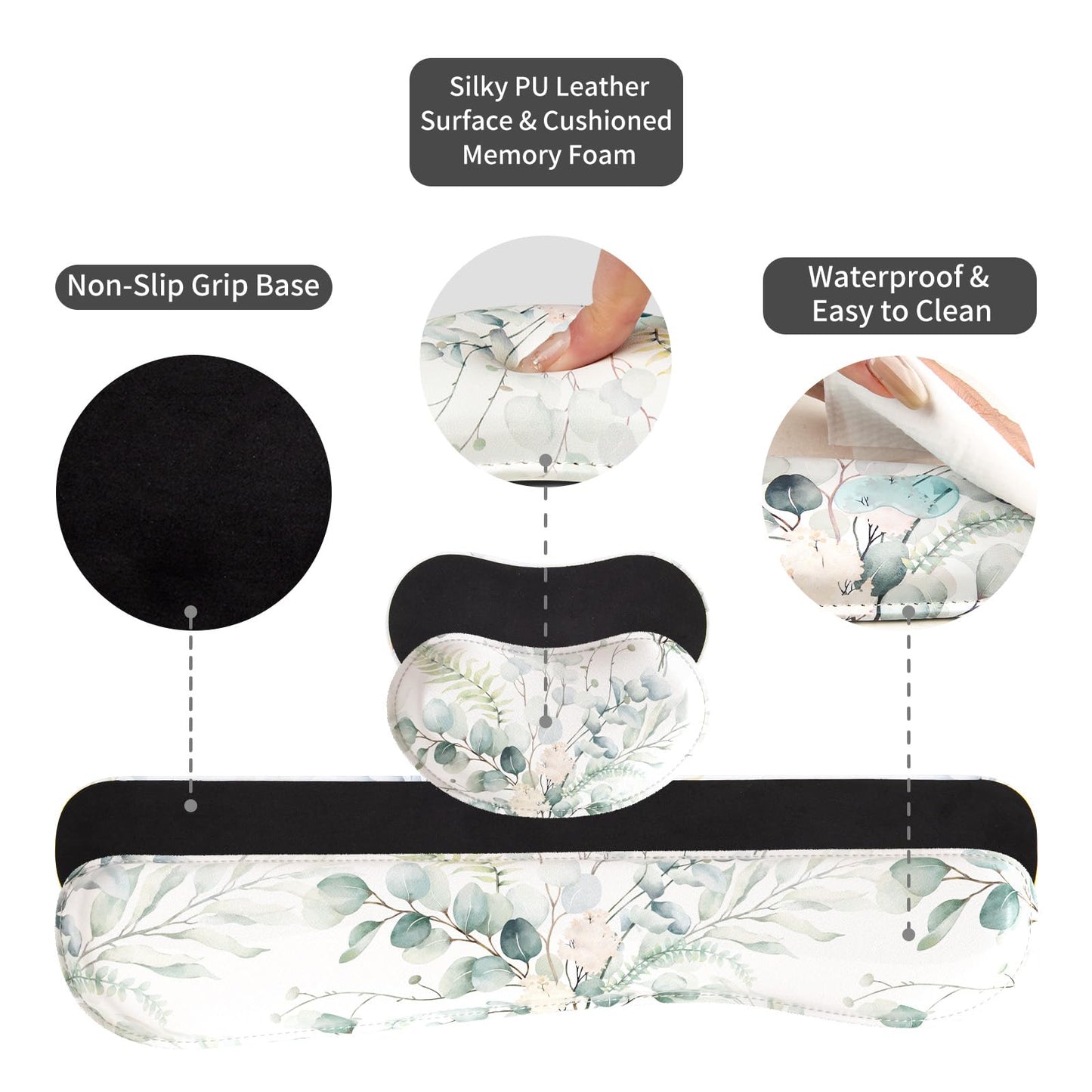 QiyI PU Leather Desk Mat Set, 4-in-1 Ergonomic Wrist Rest, Eucalyptus Leaf