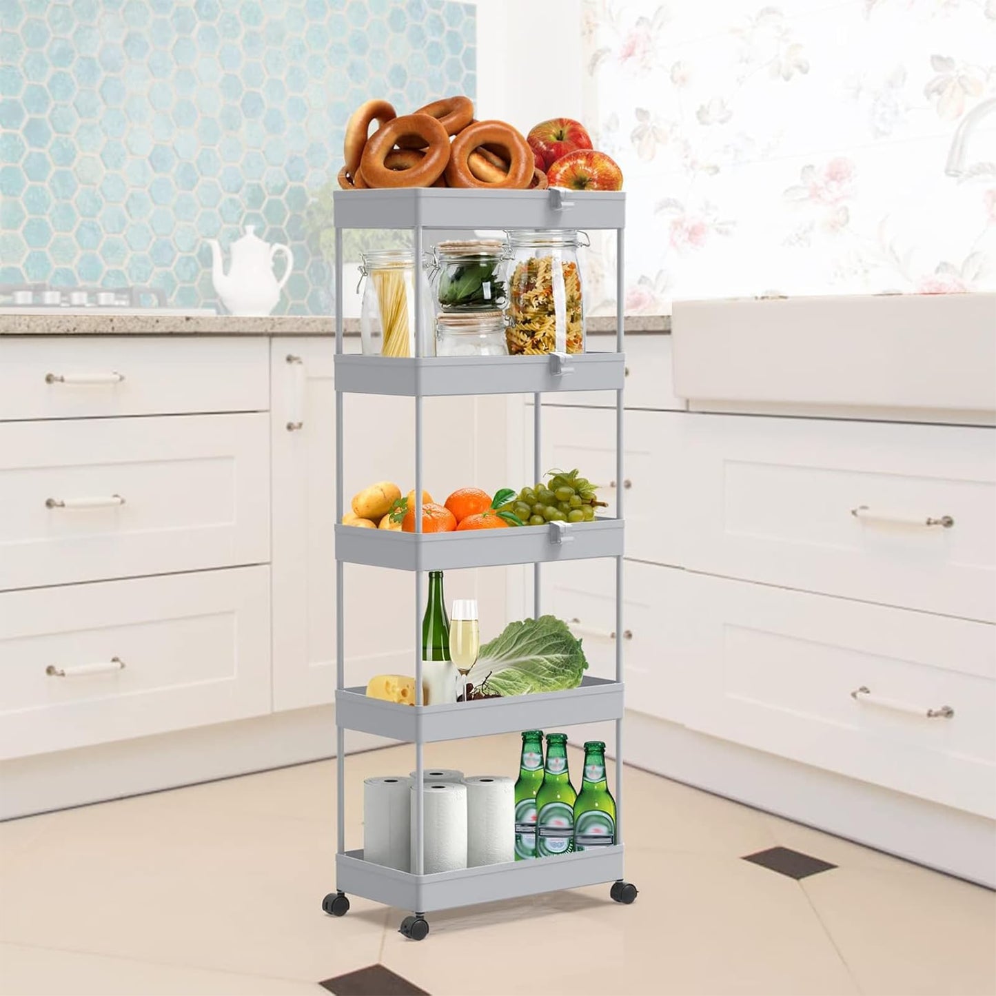SPACEKEEPER 5 Tier Storage Rolling Cart, Bathroom Cart with Wheels, Gray