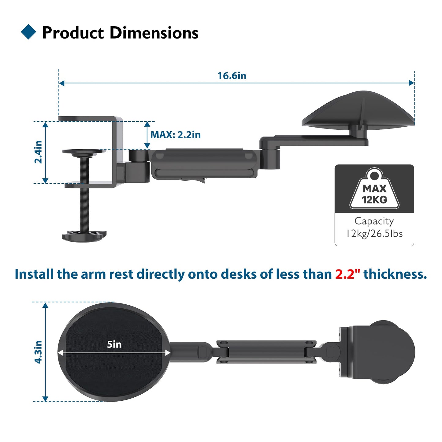 BONTEC Adjustable Arm Rest for Desk, 360° Rotating & Extendable, Aluminum
