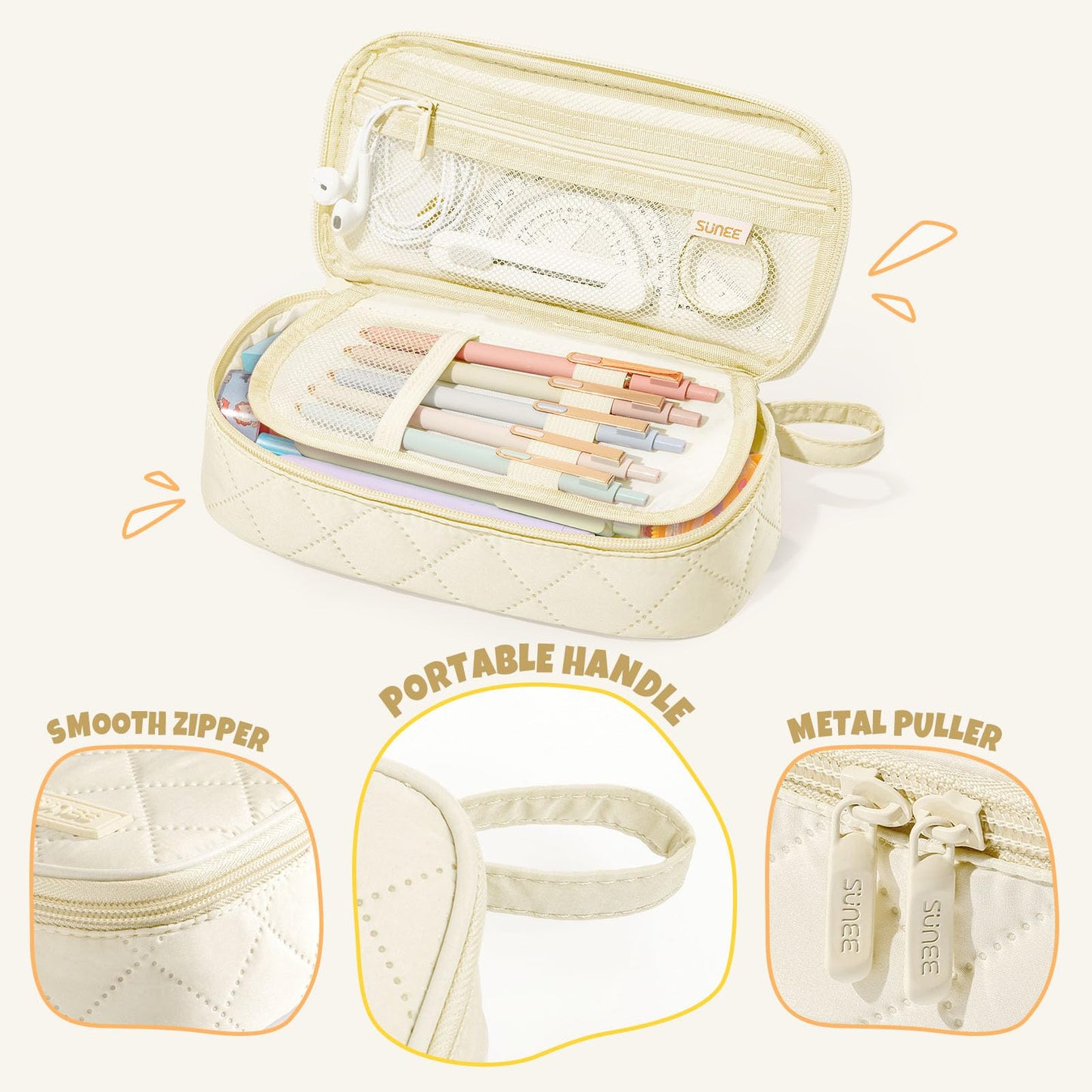 SUNEE Cute Pencil Case, Large Capacity Pencil Pouch Aesthetic Zipper Pencil Bag, Big Storage Pen