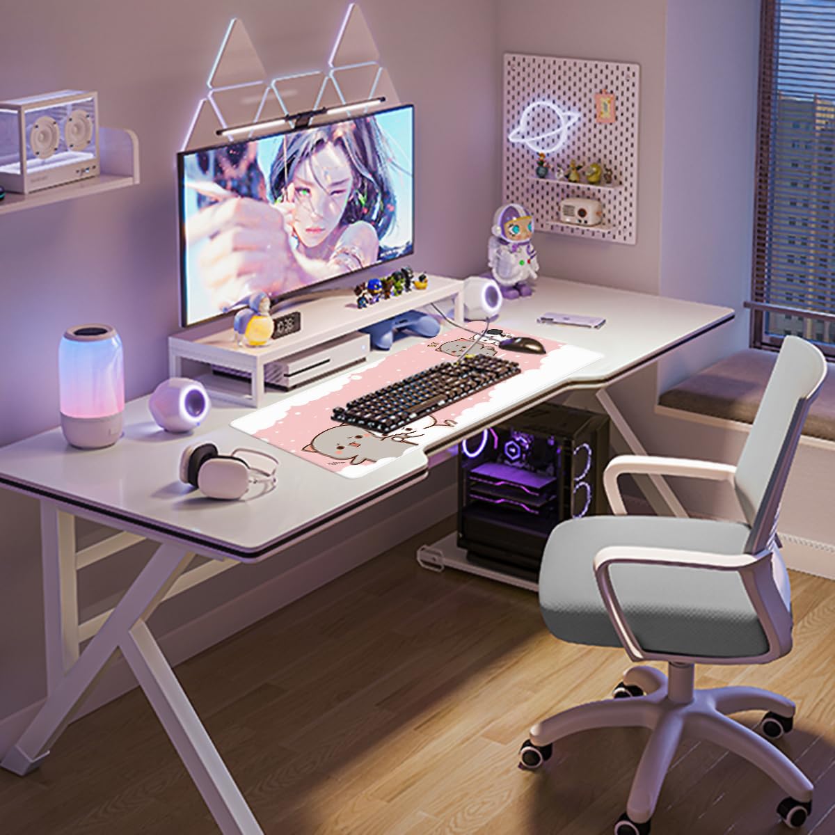 Pink Large Gaming Mouse Pad Cat Desk Pad XXL Cute Mouse Mat 35x15.7x0.12 inch Desk Accessories