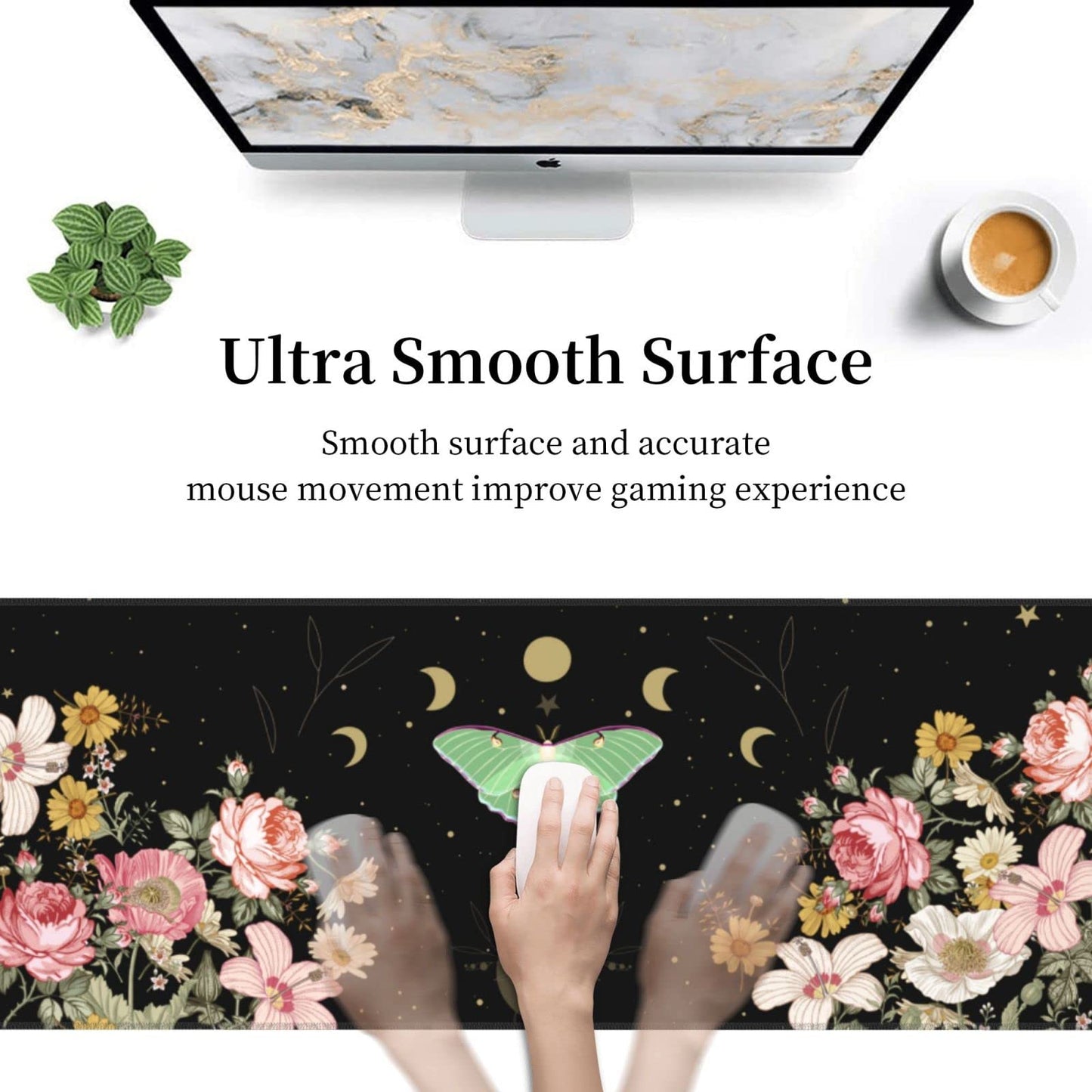 Moon Phase Moth Garden Black XXL XL Large Gaming Mouse Pad for Desk, Non-Slip Long Extended