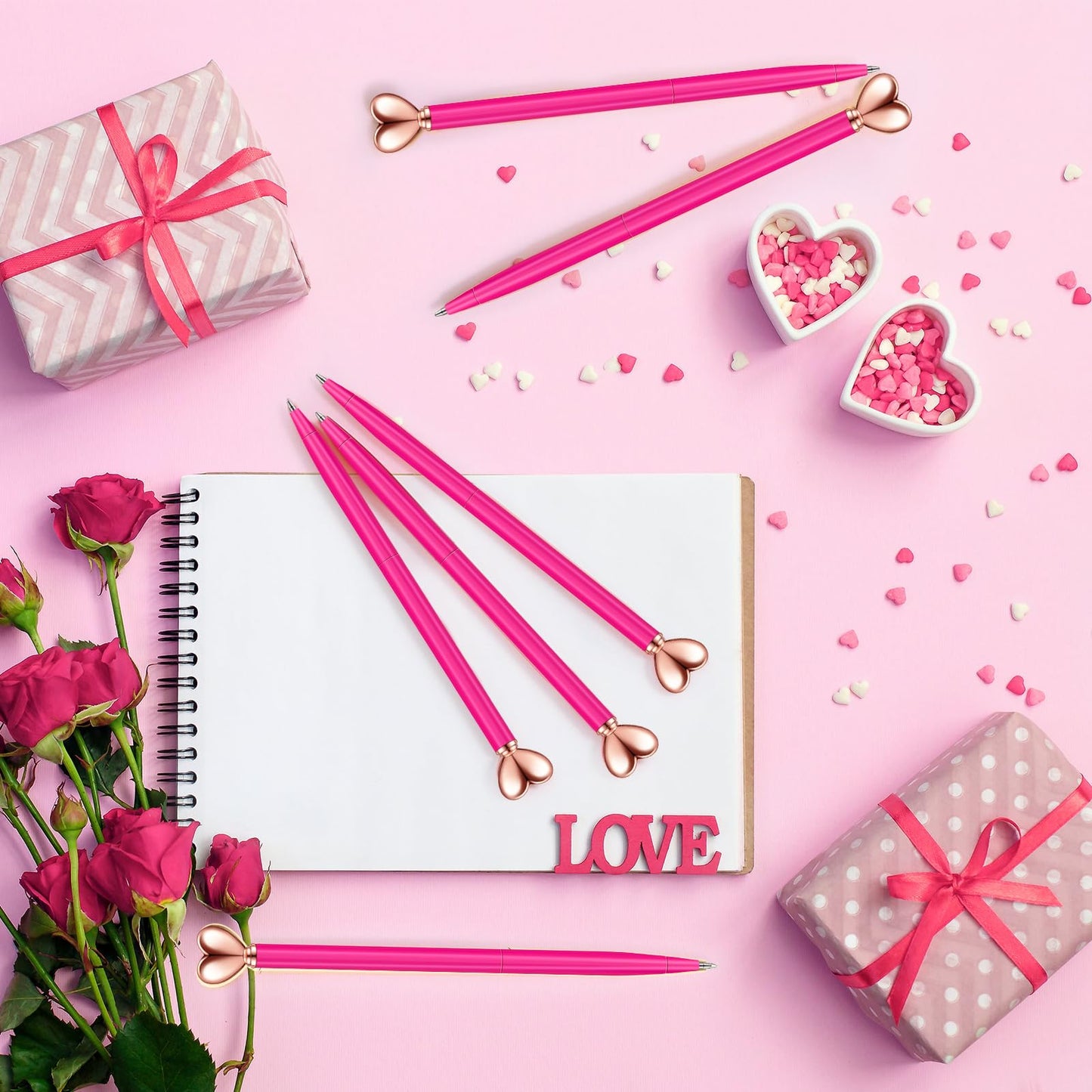 Thenshop Hot Pink 24 Pcs Heart Shaped Pens Retractable Metal Cute Pens 1.0 mm Black Ink Ballpoint