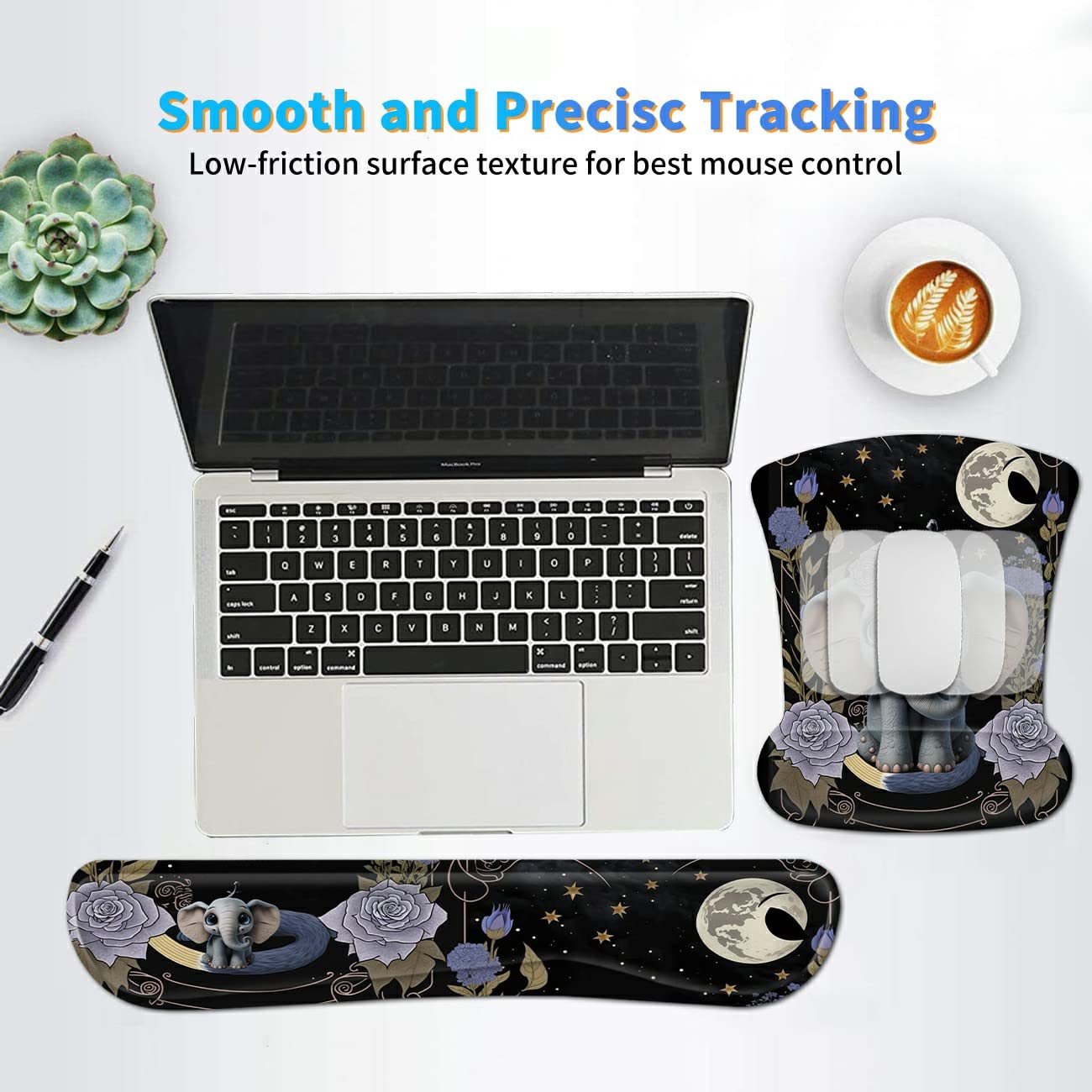 3Pcs Ergonomic Memory Foam Keyboard Wrist Rest Pad Set, Flower Elephant