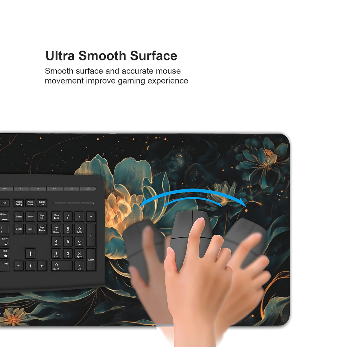 Floral Aesthetic Lotus Gaming Mouse Pad, Black Gold Chinoiserie Desk Mat with Anti-Slip Base &