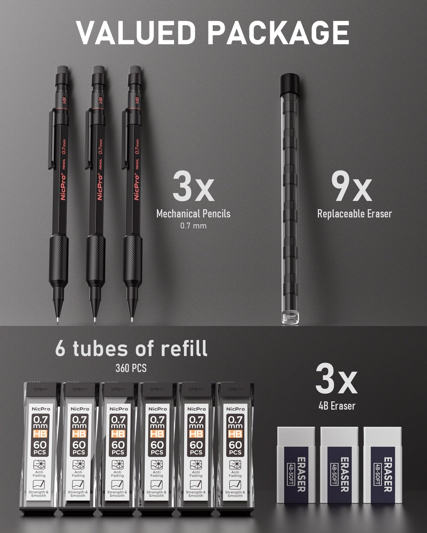 Nicpro 0.7 mm Mechanical Pencil Set with Case, 3PCS Metal Pencil