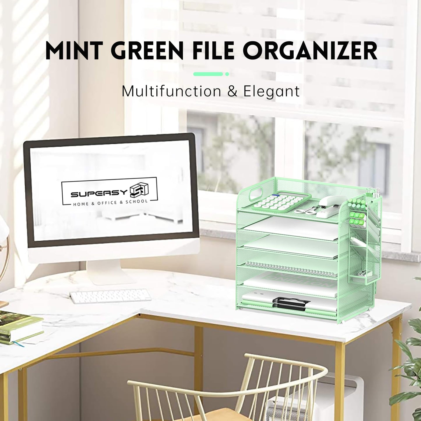 Supeasy 6 Tier Desk Organizer with 4 Pen Holders & Paper Trays Mint Green