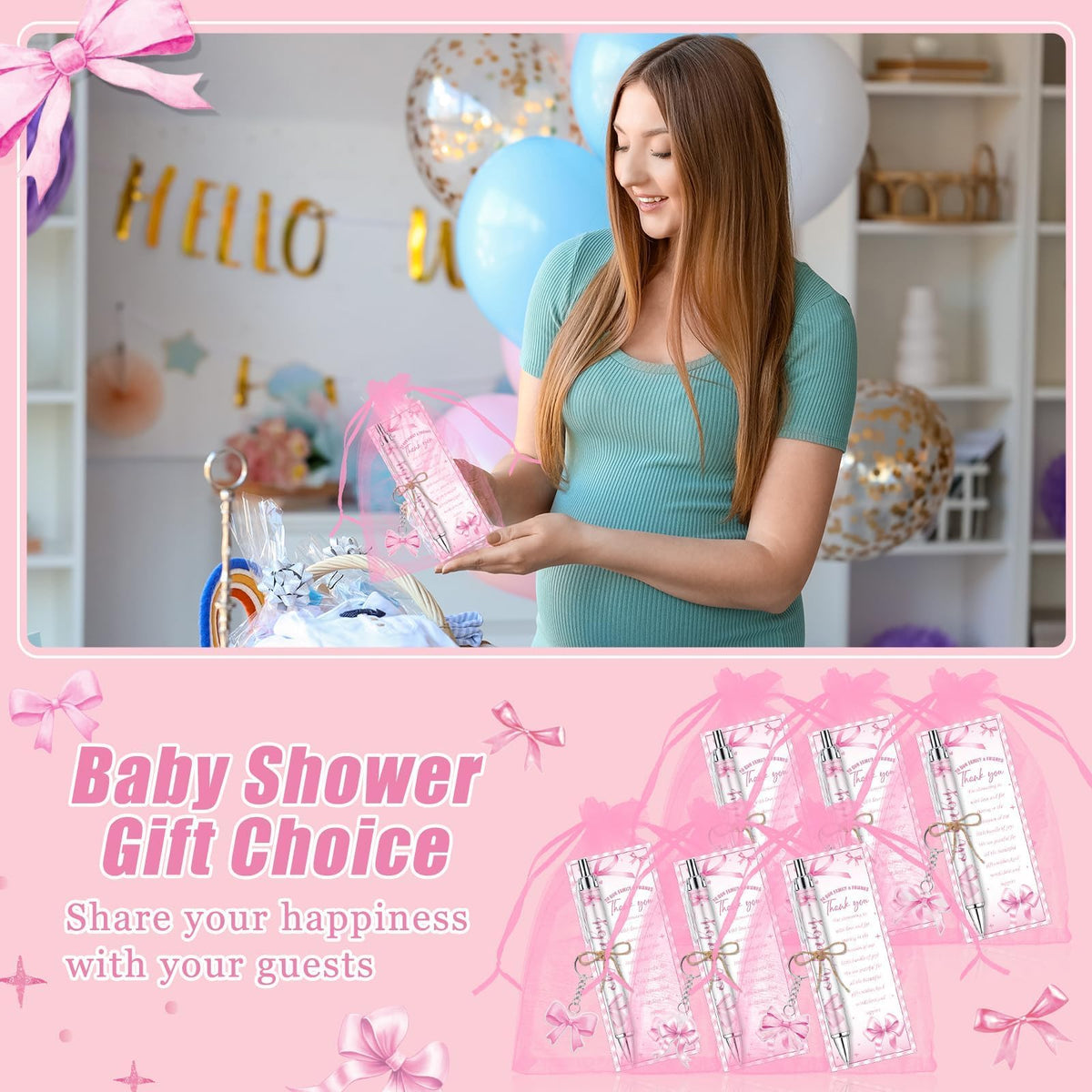 EYNDYN 145 Pieces Pink Bow Baby Shower Favors for Guest Bow Coquette Ballpoint Pens and Keychains