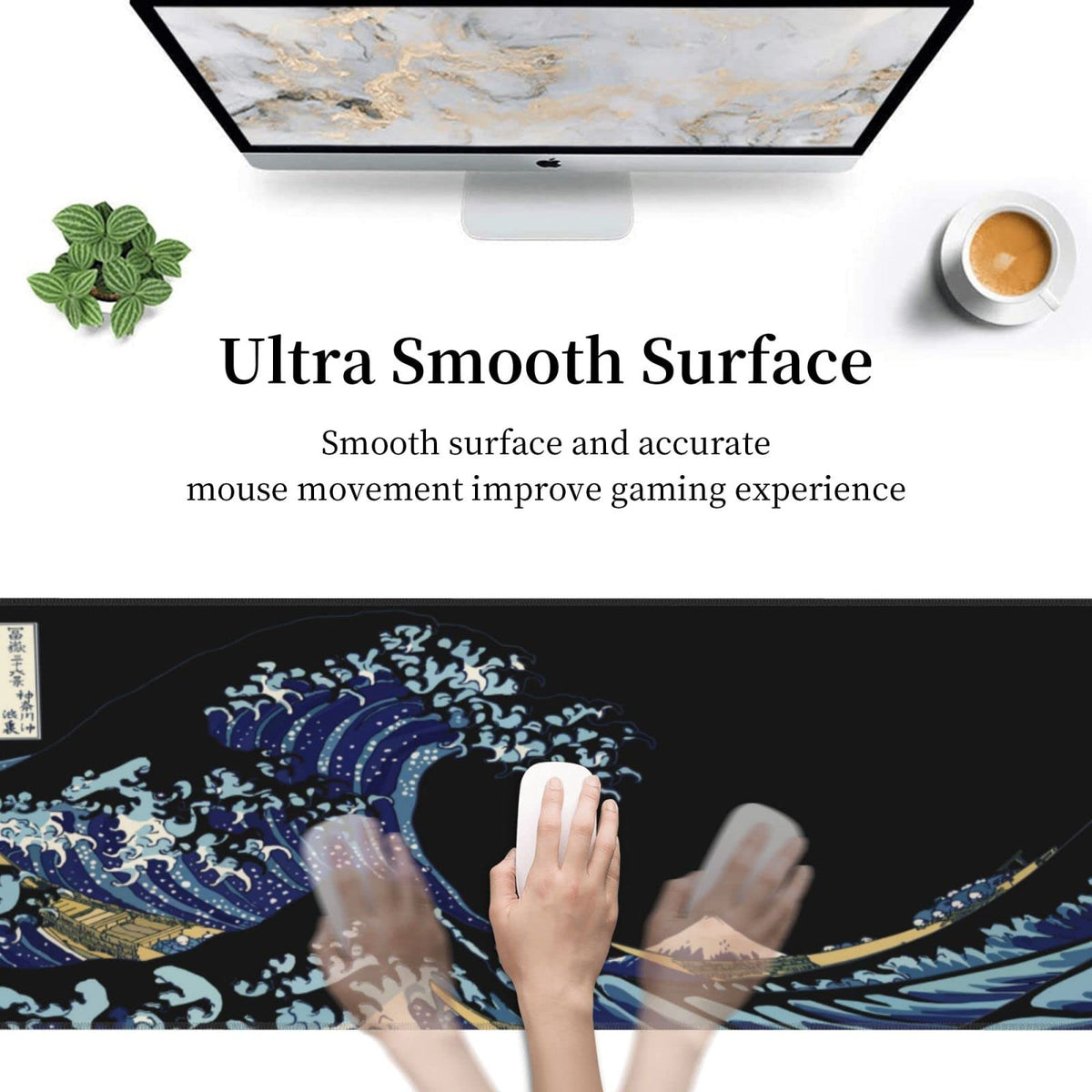 Japan Sea Great Wave Black XXL XL Large Gaming Mouse Pad for Desk, Non-Slip Long Extended Keyboard