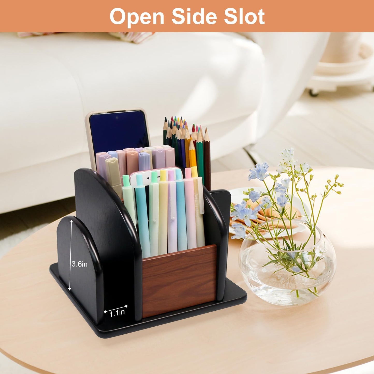 Coideal Remote Control Holder Caddy, 360° Rotating Coffee Table Organizer with 6 Compartments, Wood