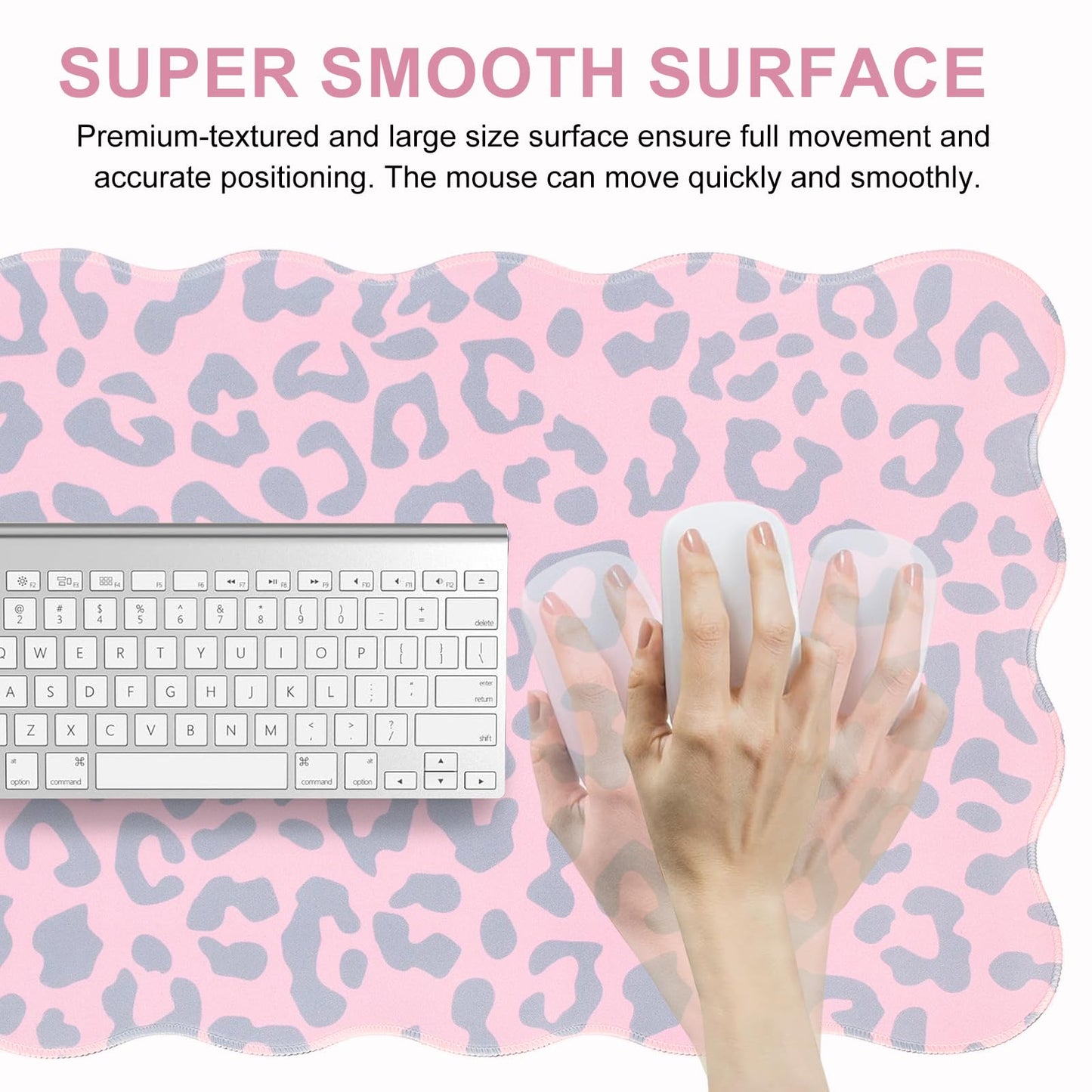 L-SPOUTTO Pink Leopard Mouse Pad,Scalloped Desk Mat XXL Large Cheetah Gaming Mousepad,35.4x15.7in
