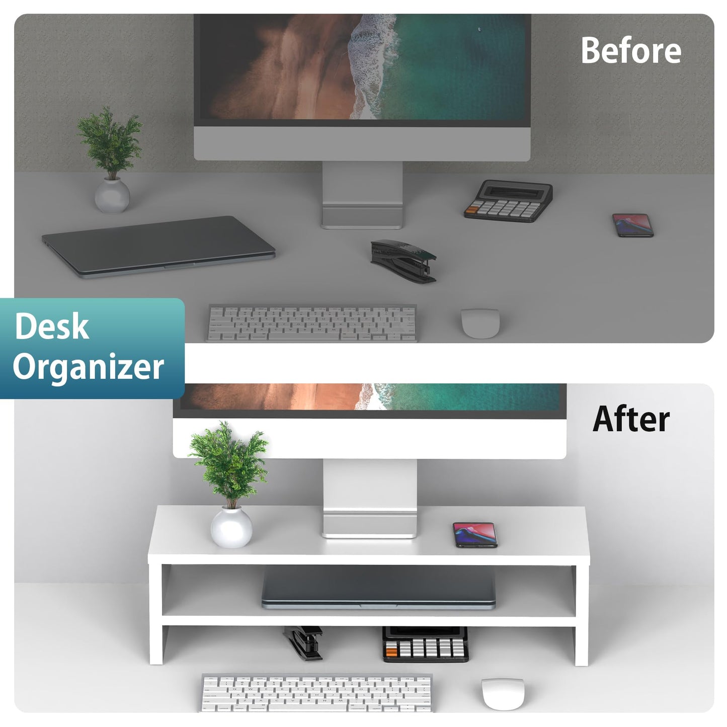 FITUEYES Wooden Monitor Stand Riser, 2-Tier Desk Storage Shelf, White