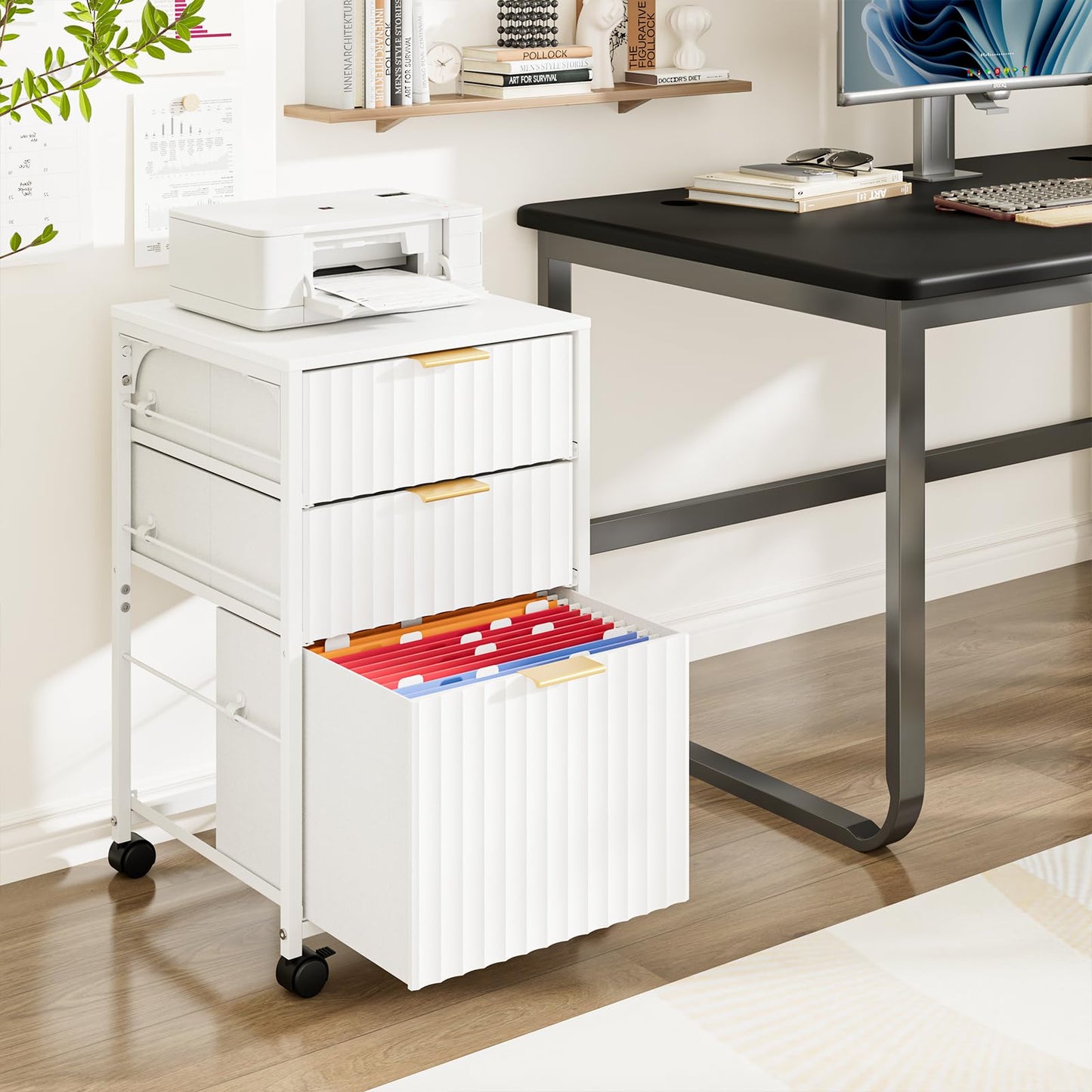 Bonnlo 3 Drawer Fluted File Cabinet, Rolling File Cabinet Mobile Under Desk File Cabinet with
