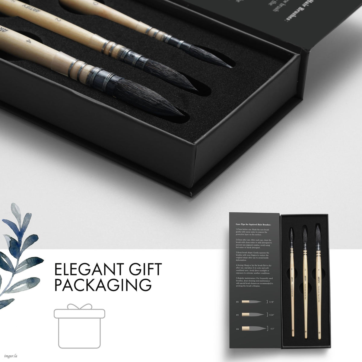 ARTIFY 3PCS Professional Natural Squirrel Hair Quill Round Fine Tip Detail Watercolor Brush Set |