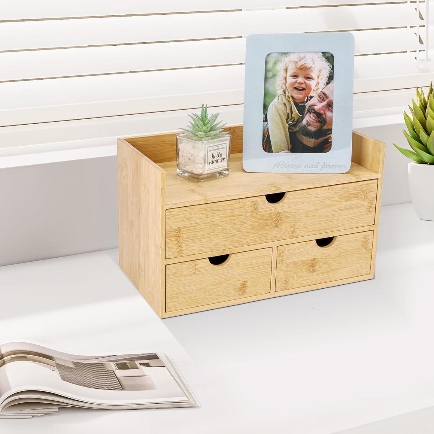 Charmewooden Bamboo Desk Organizer 3 Drawer with shelf, Countertop Organizer with Drawers Makeup