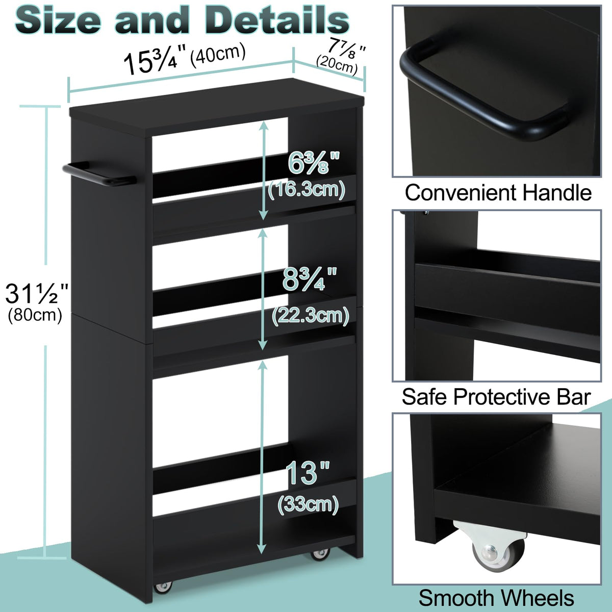 MARTY Slim Rolling Storage Cart, Wood Utility Kitchen Bathroom Laundry Cart