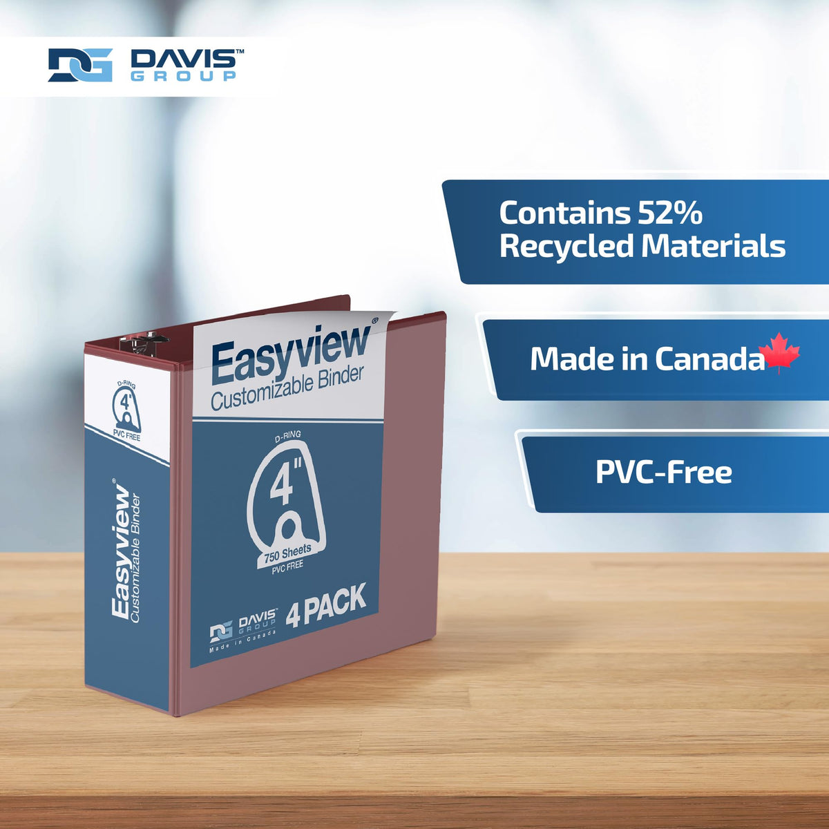 Easyview 3-Ring Binder, Clear-View Cover, 4" D Rings, Burgundy, 4 Pack