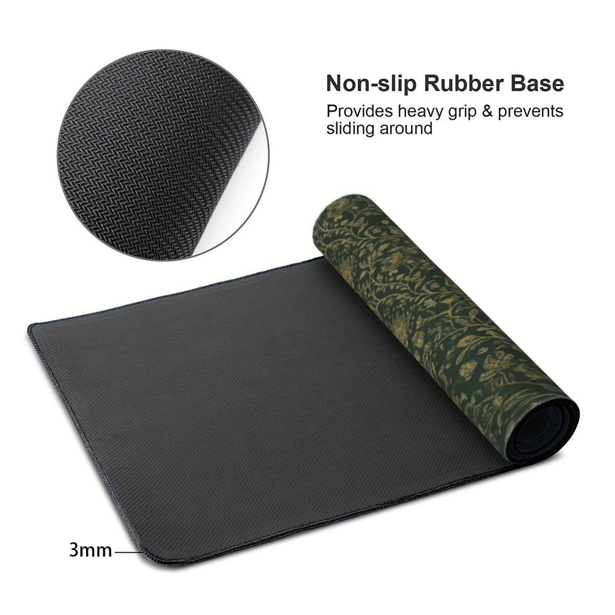 Dark Green Floral Desk Mat Gold Flowers XXL Large Desk Pad - Anti-Slip Stitched Edges Mouse Pad for