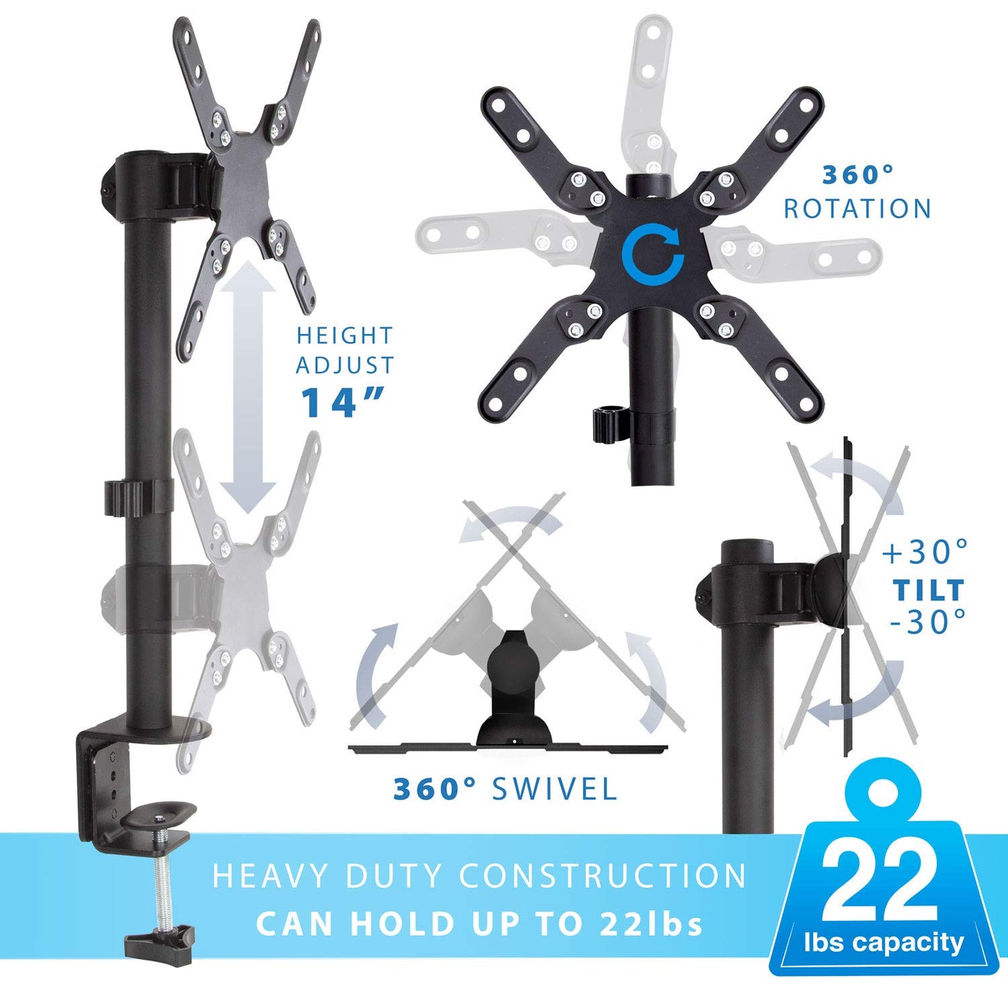 Mount-It! Ultra-Wide Single Monitor Arm Desk Mount, Height Adjustable Pole Stand for 13–42 Inch