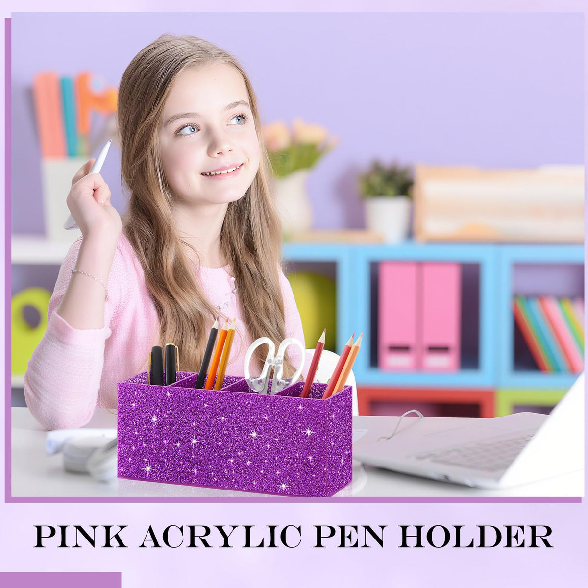 Jetec Acrylic Pen Holder for Girl Desktop, 4 Compartments, Sparkly Purple