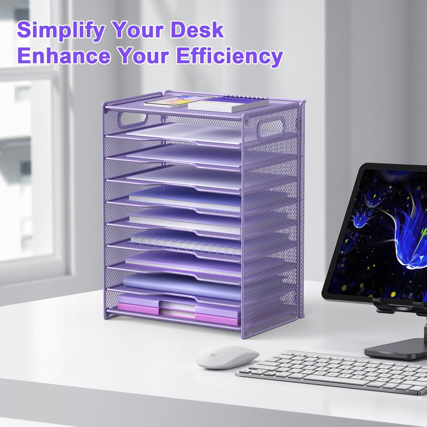 OUTWOLF 10 Tier Paper Organizer - Letter Tray Mesh Desk File Organizer with Handles for Office