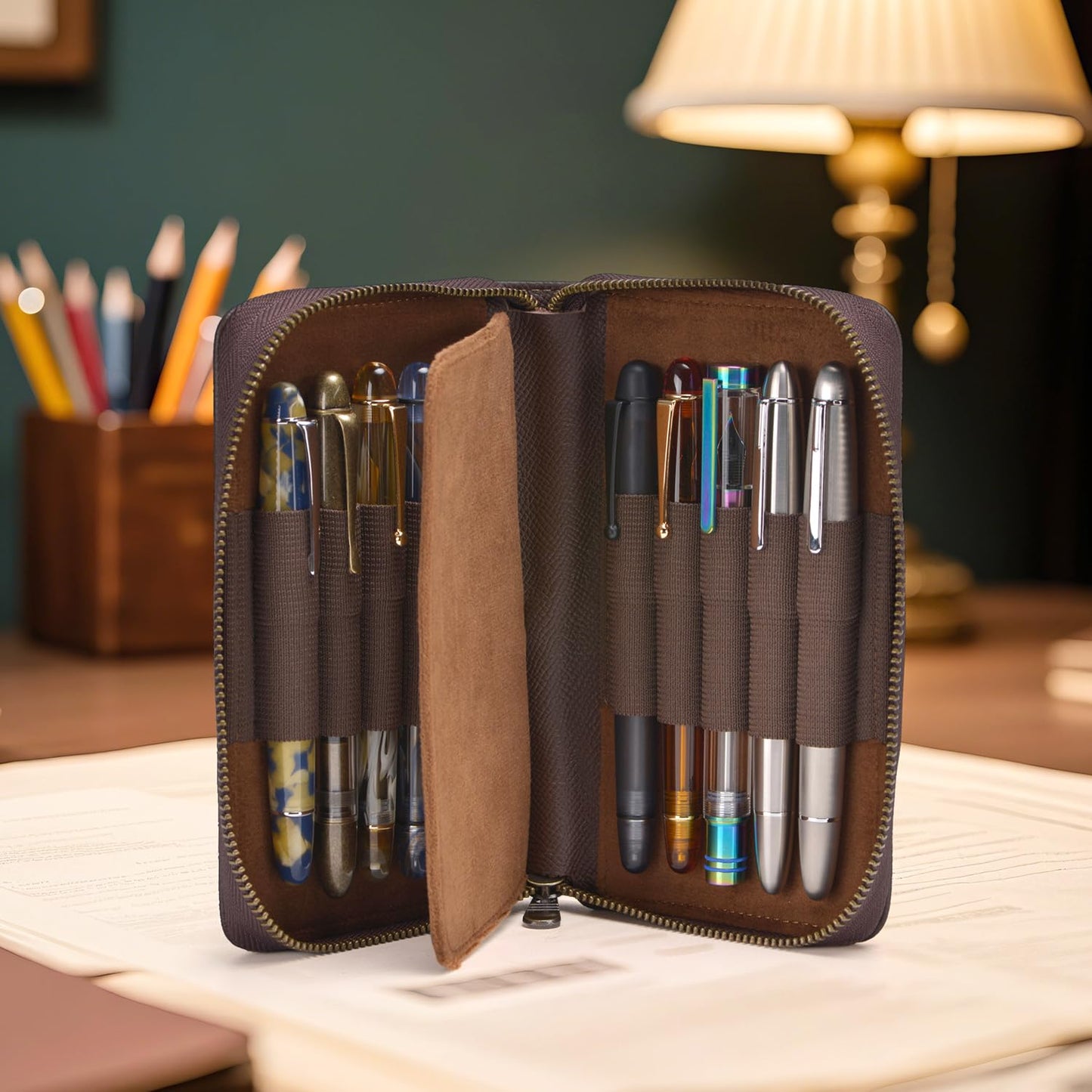 Asvine Fountain Pen Case Genuine Leather Pen Case 10 Divided Slots Coffee, Rollerball Pen Holder