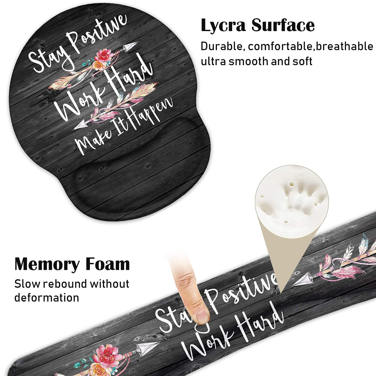Keyboard Wrist Rest and Mouse Pad Wrist Support Set with Coasters, Stay Positive Work Hard and Make