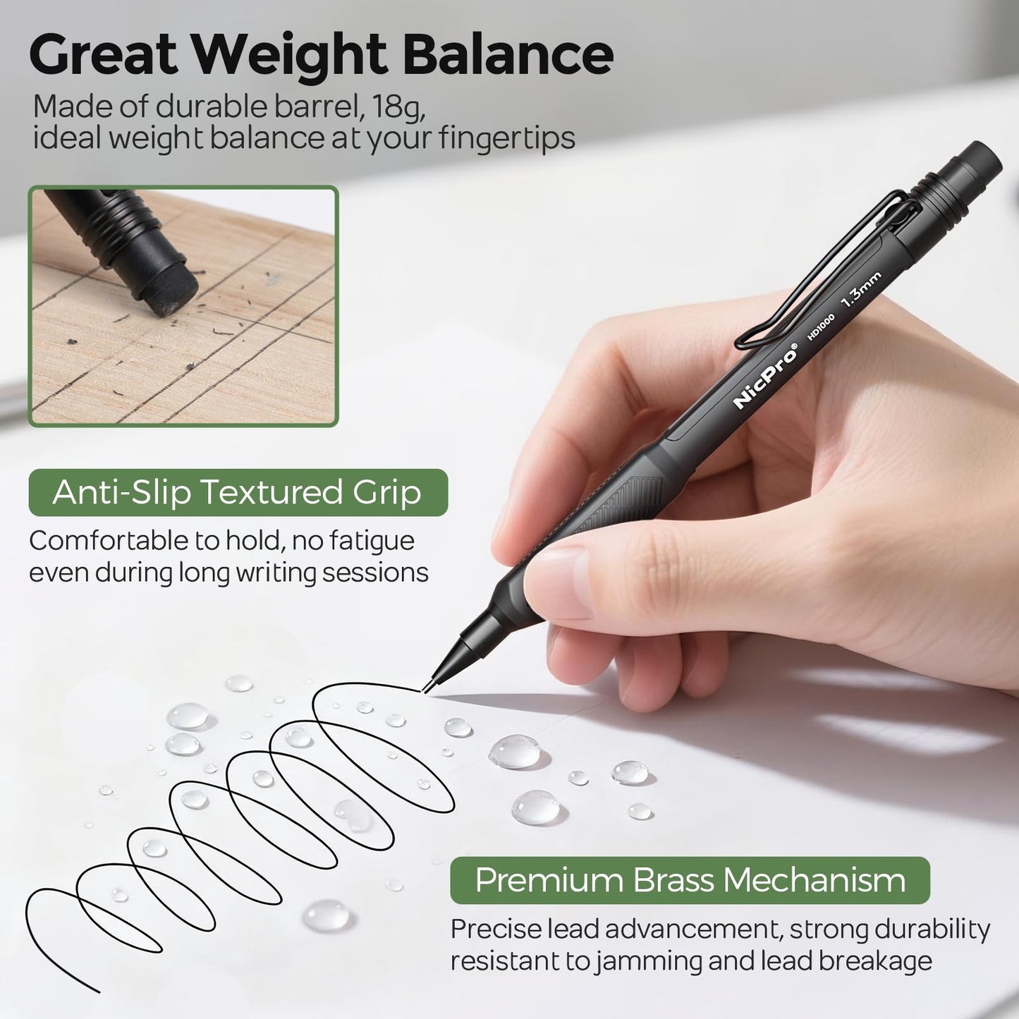 Nicpro 1.3 mm Mechanical Pencils Set 3 Colors, HD1000 1.3 Lead Pencil, 3Pcs