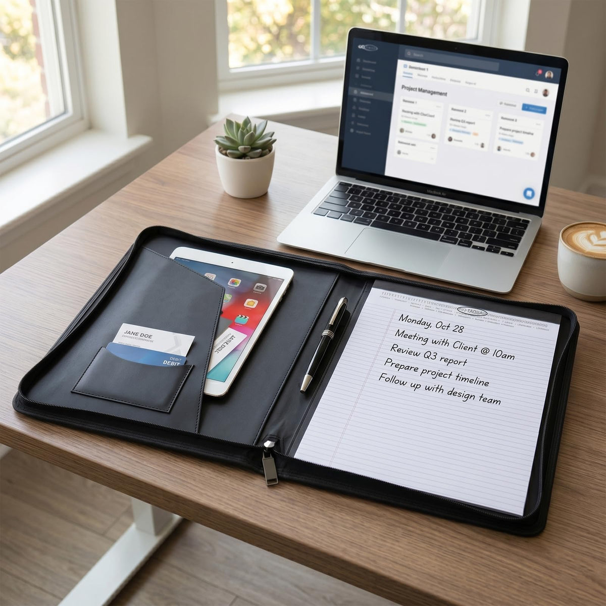 OOWOLF Padfolio Portfolio Folder, PU Leather Professional with 8.5 x 11 Letter Size Writing Pad