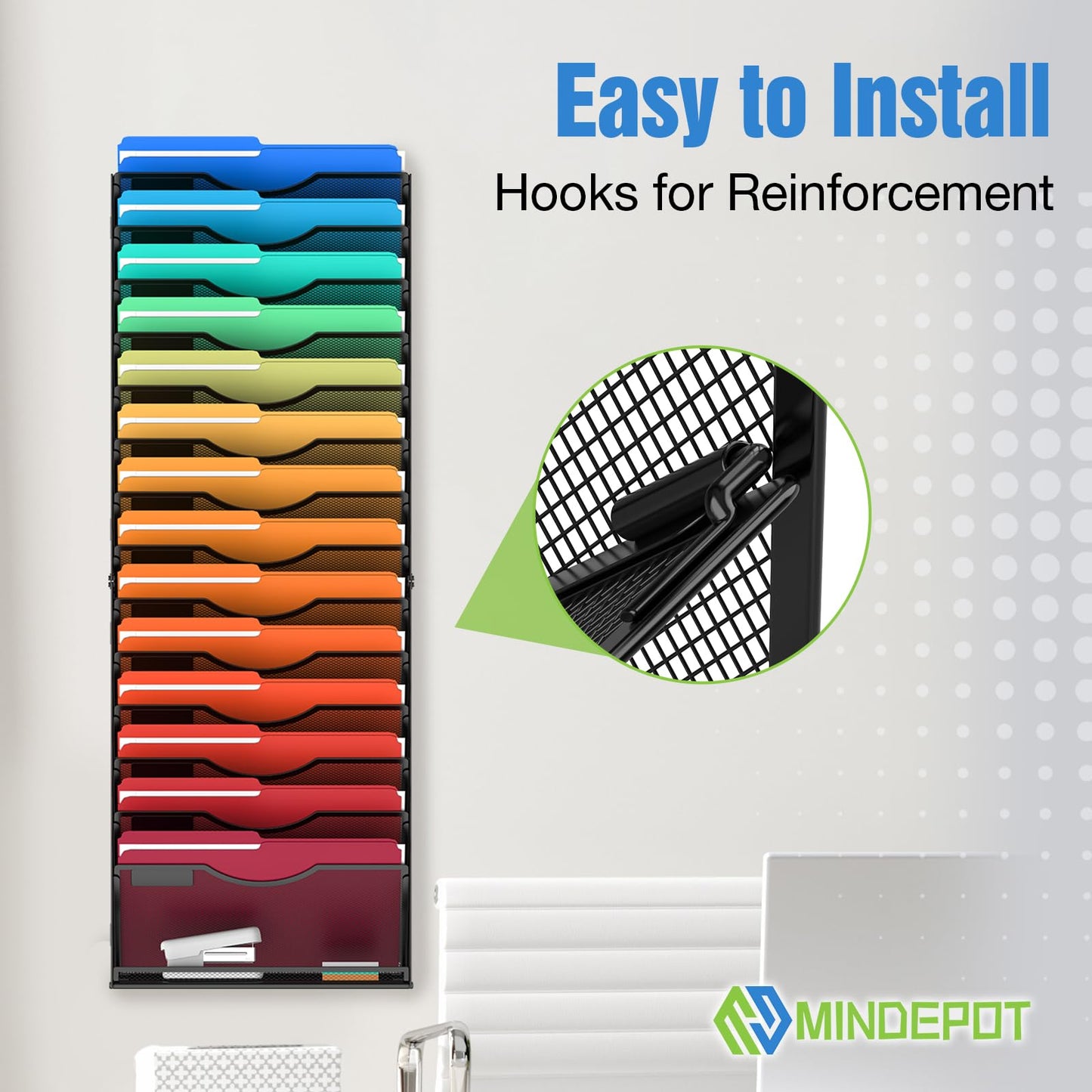 MINDEPOT 15 Tier Wall File Holder Hanging Wall Mount Paper File Organizer for Mails Folders