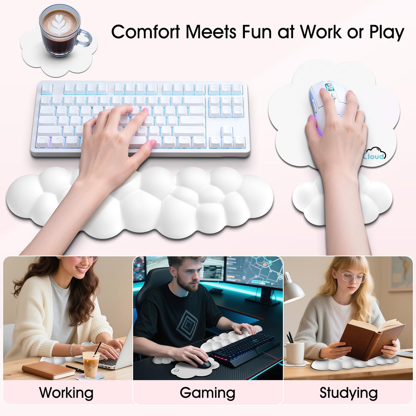 Sushret Cloud Wrist Rest for Computer Keyboard and Mouse Pad Set, White