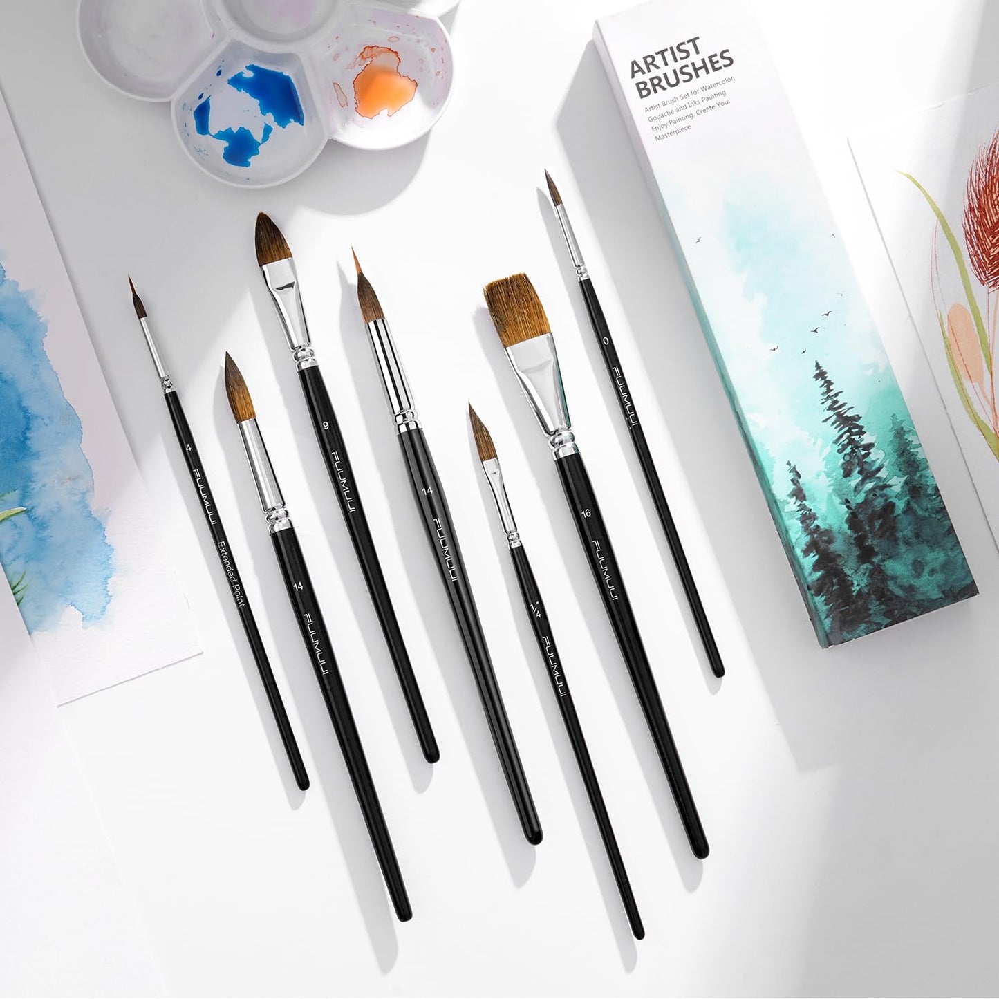 Watercolor Brush Set, Fuumuui 7pcs Professional Sable Paint Brushes with Extended Needle, Round