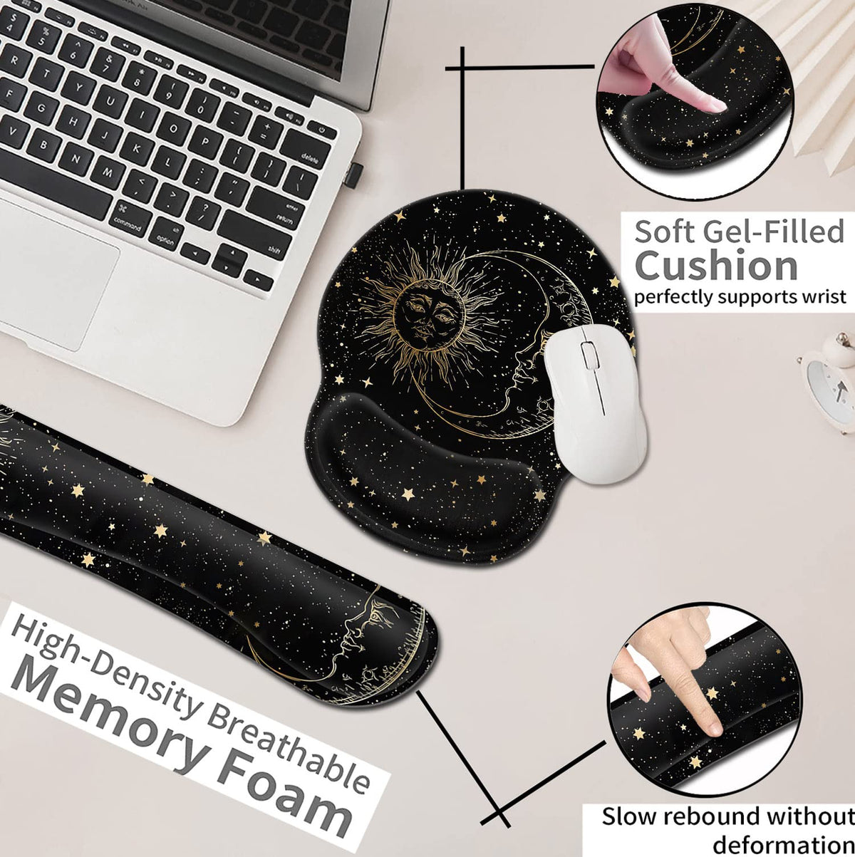 Black Mouse Pad with Stitched Edge, Memory Foam Keyboard Wrist Rest, Non-Slip Rubber Base Mythic